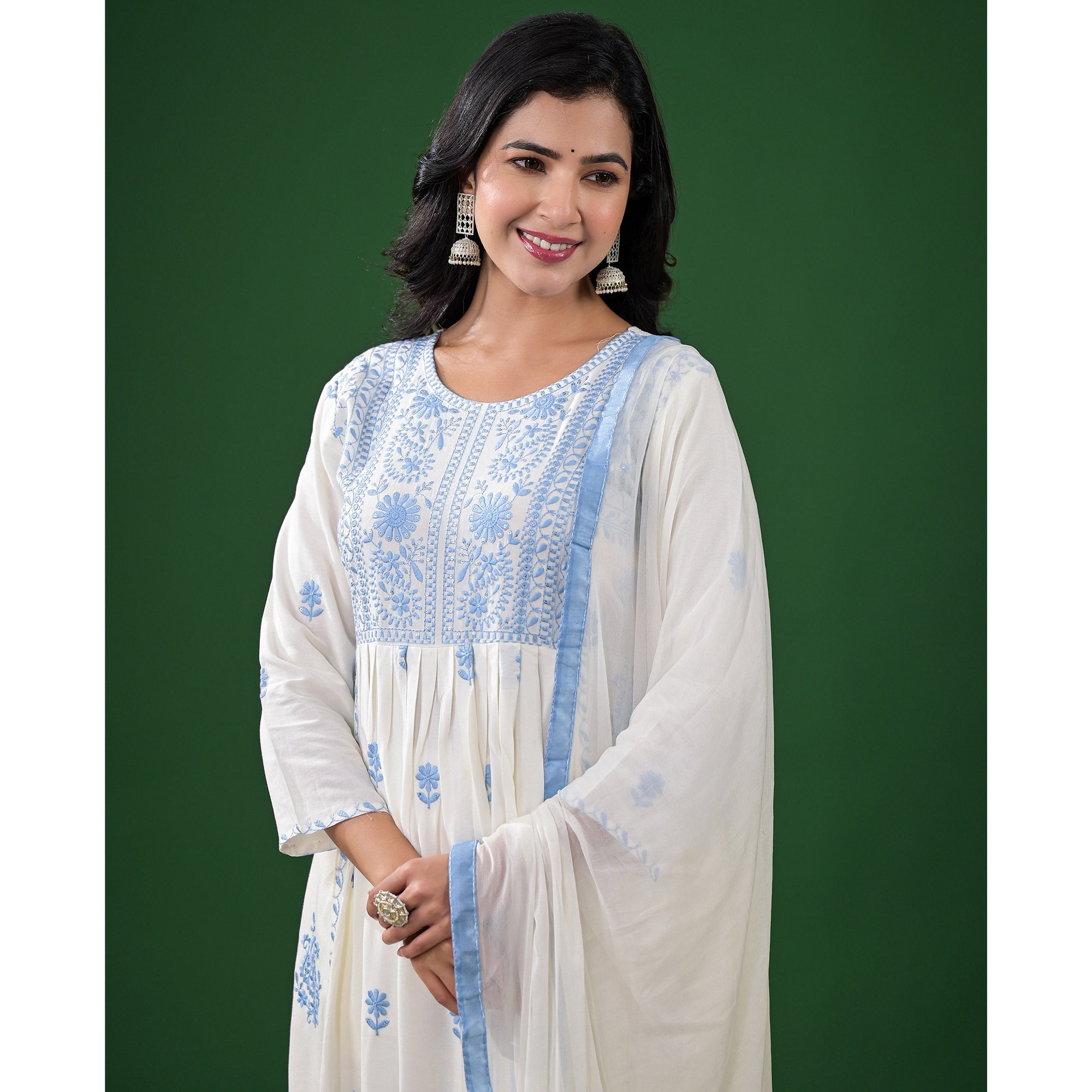 White Floral Embroidered Rayon A-Line Salwar Suit