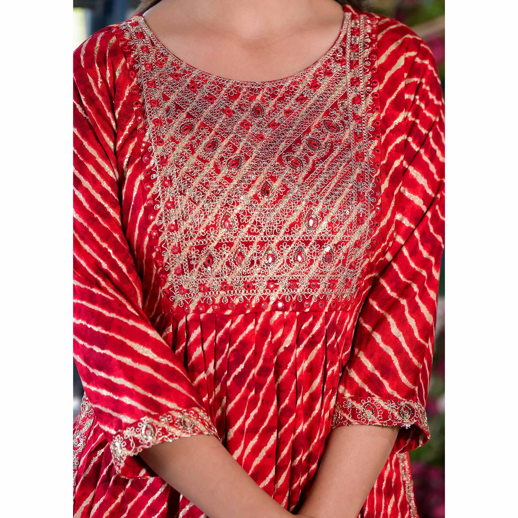 Maroon Leheriya Printed Naira Cut Rayon Salwar Suit