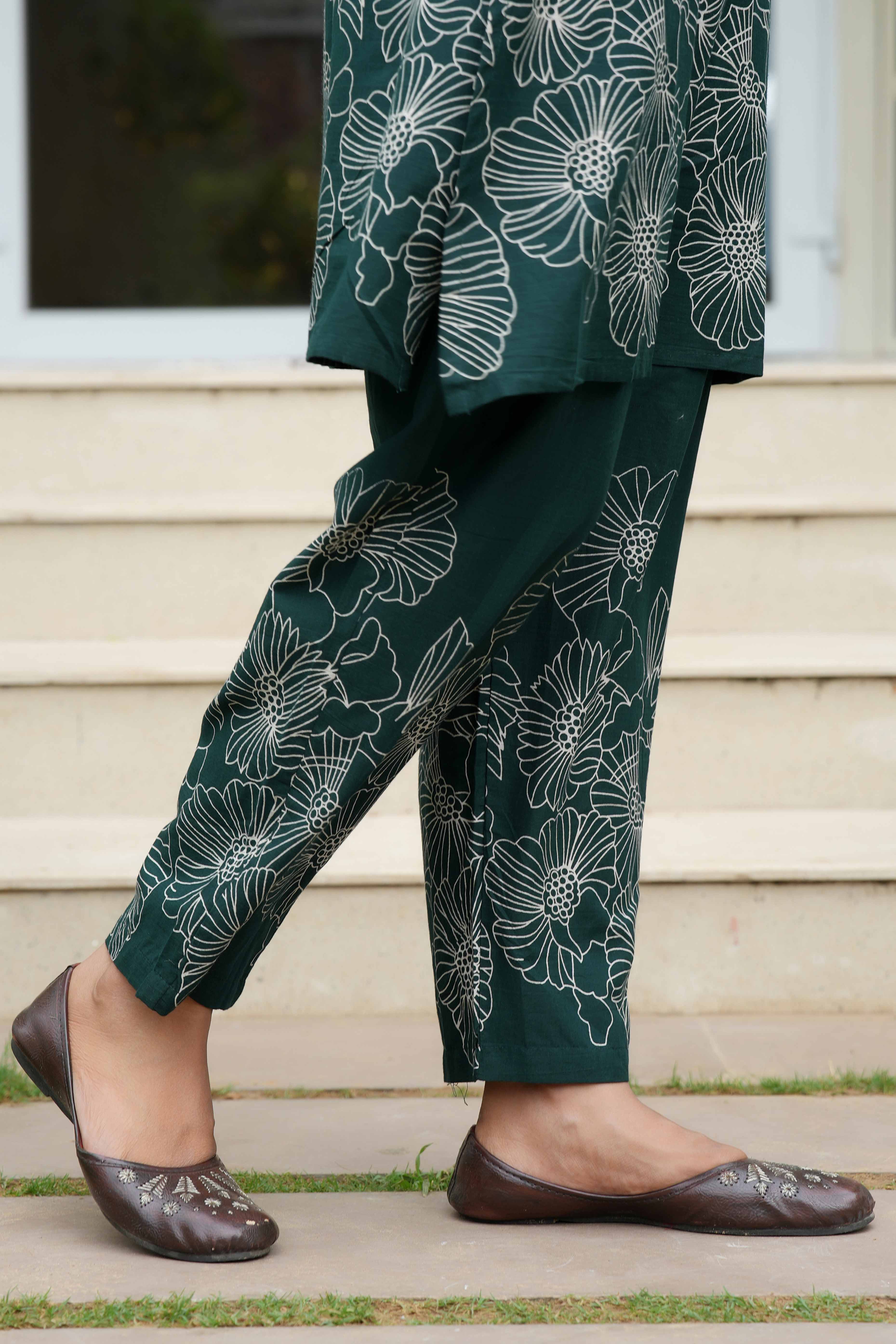 Stylish A-Line Cotton Co-Ord Set in Bottle Green with Floral Prints