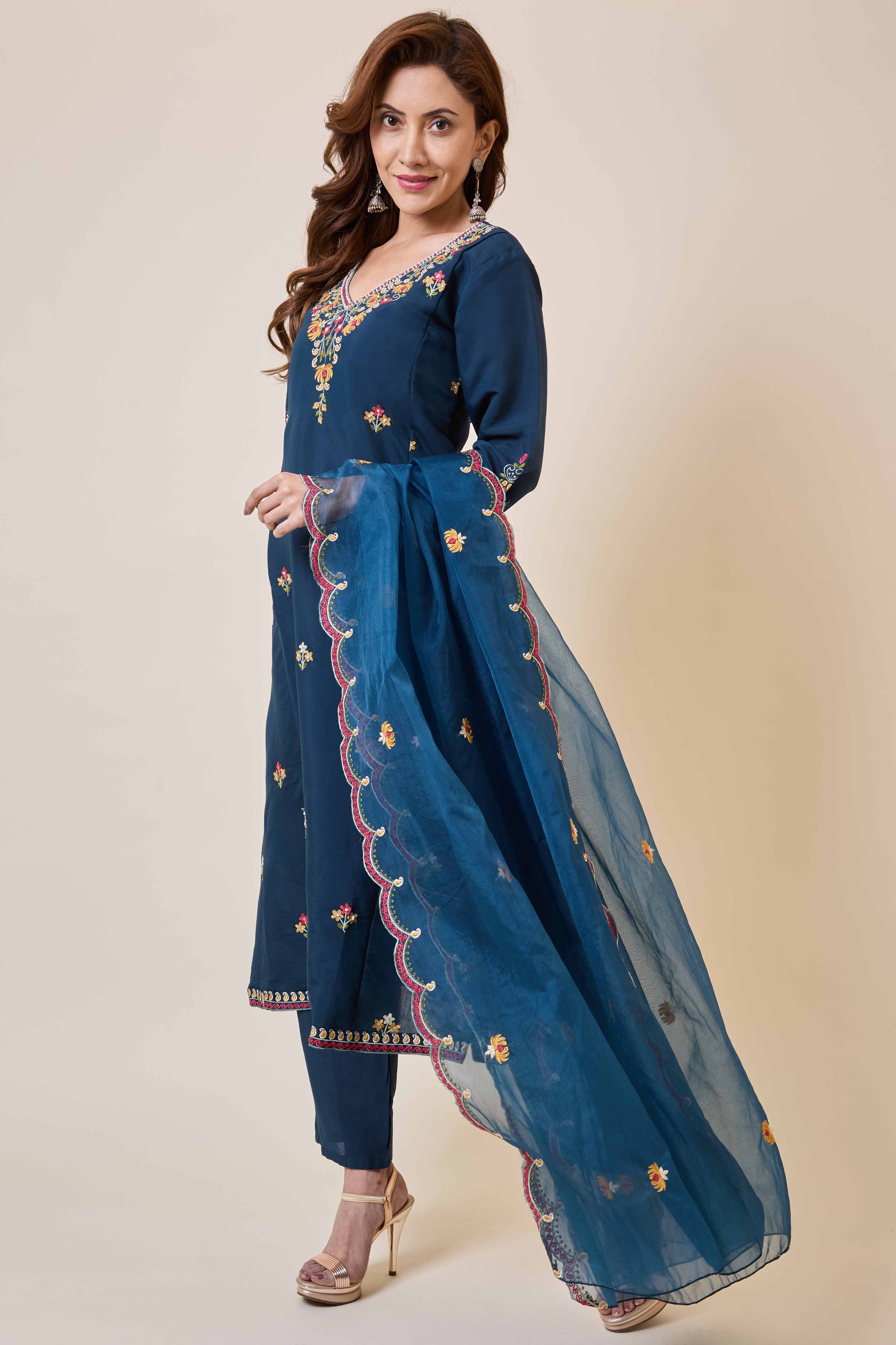 Prussian Blue Floral Hand Work Embroidered Chanderi Salwar Suit