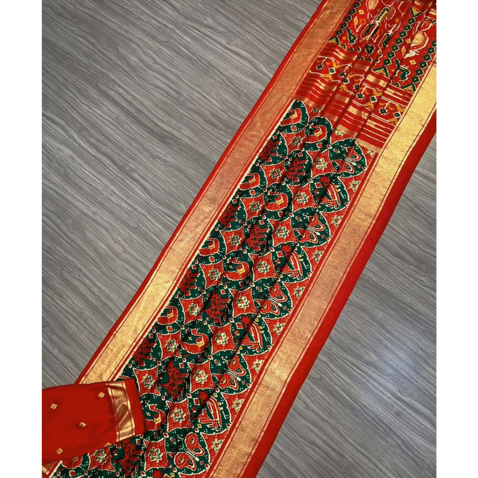 Green & Red Patola Printed Viscose Saree With Zari Border