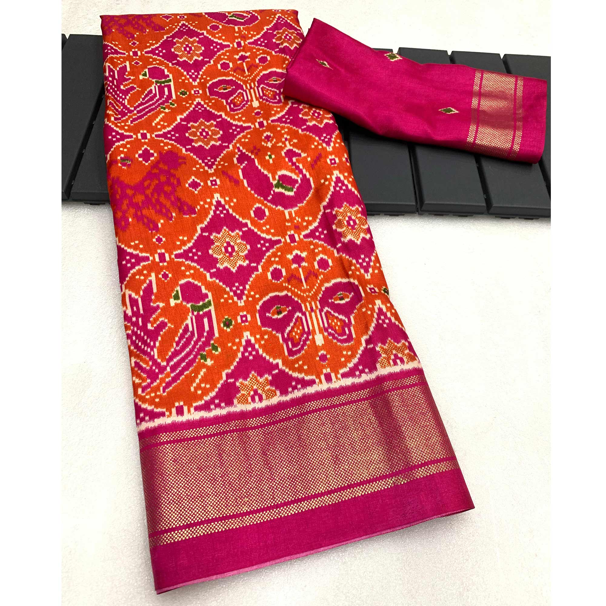 Pink & Orange Patola Printed Viscose Saree With Zari Border