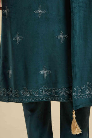 Rama Blue Embroidered Velvet Straight Salwar Suit