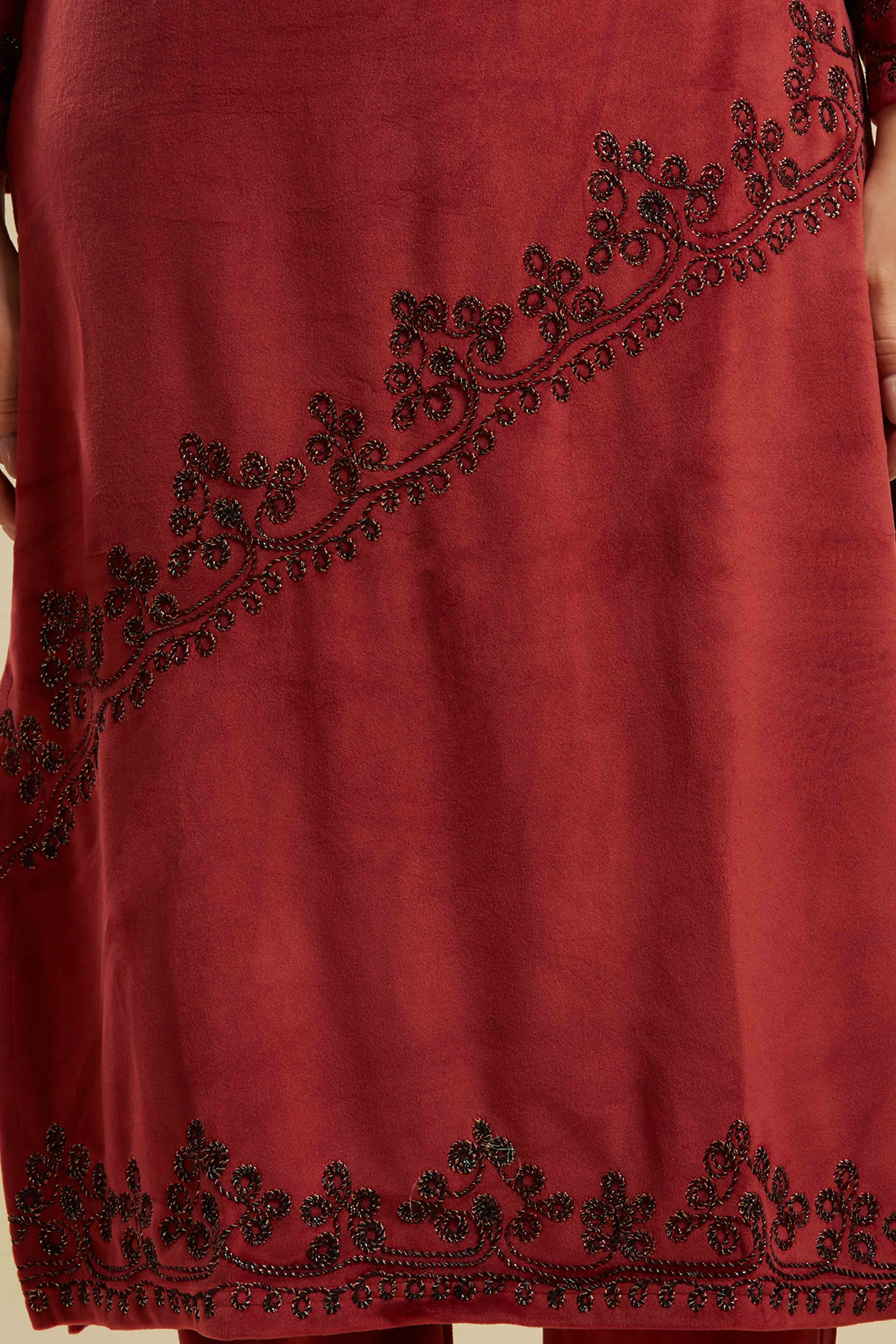 Wine Embroidered Velvet Straight Salwar Suit