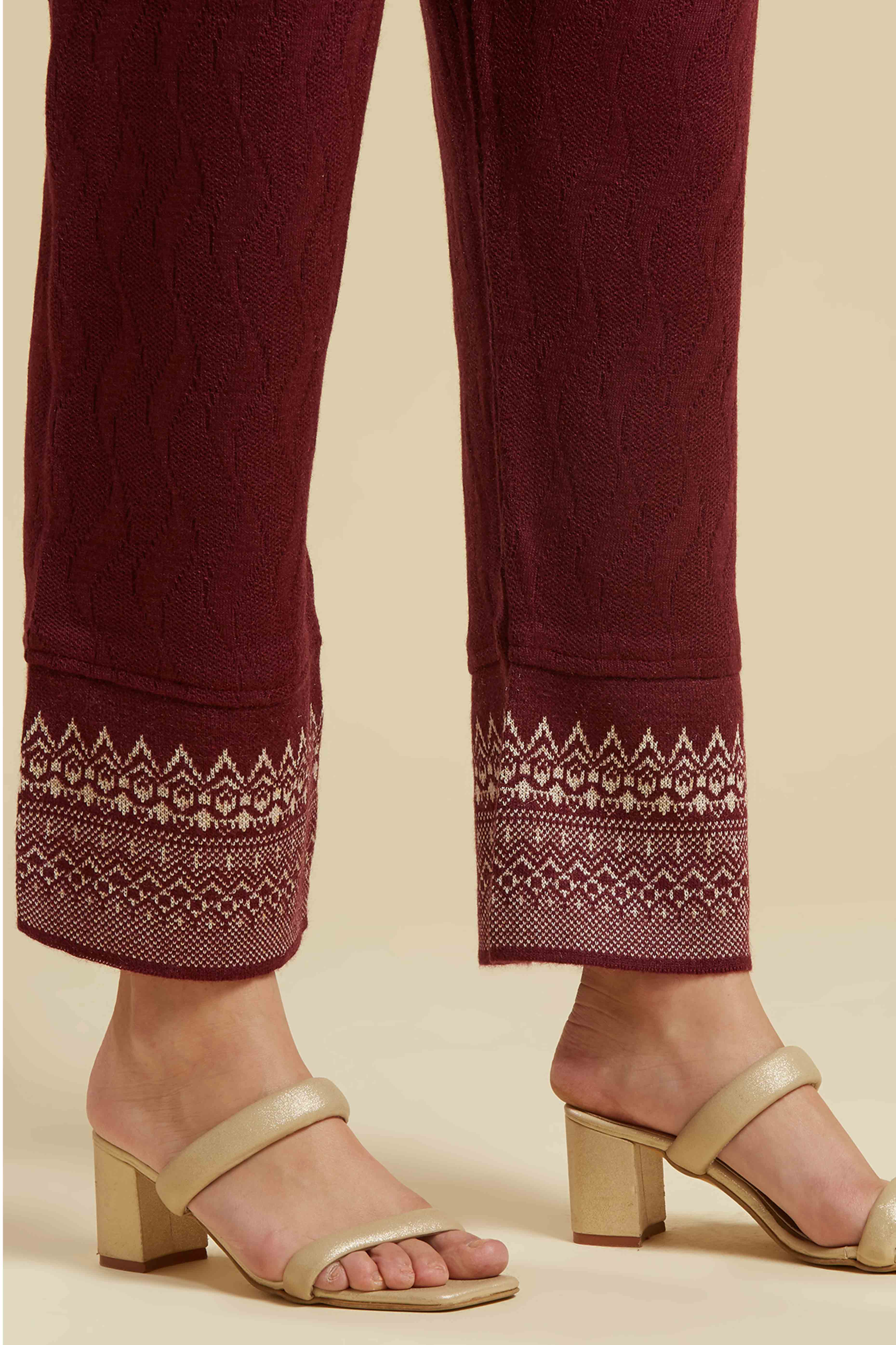 Wine Embroidered Woolen Straight Salwar Suit