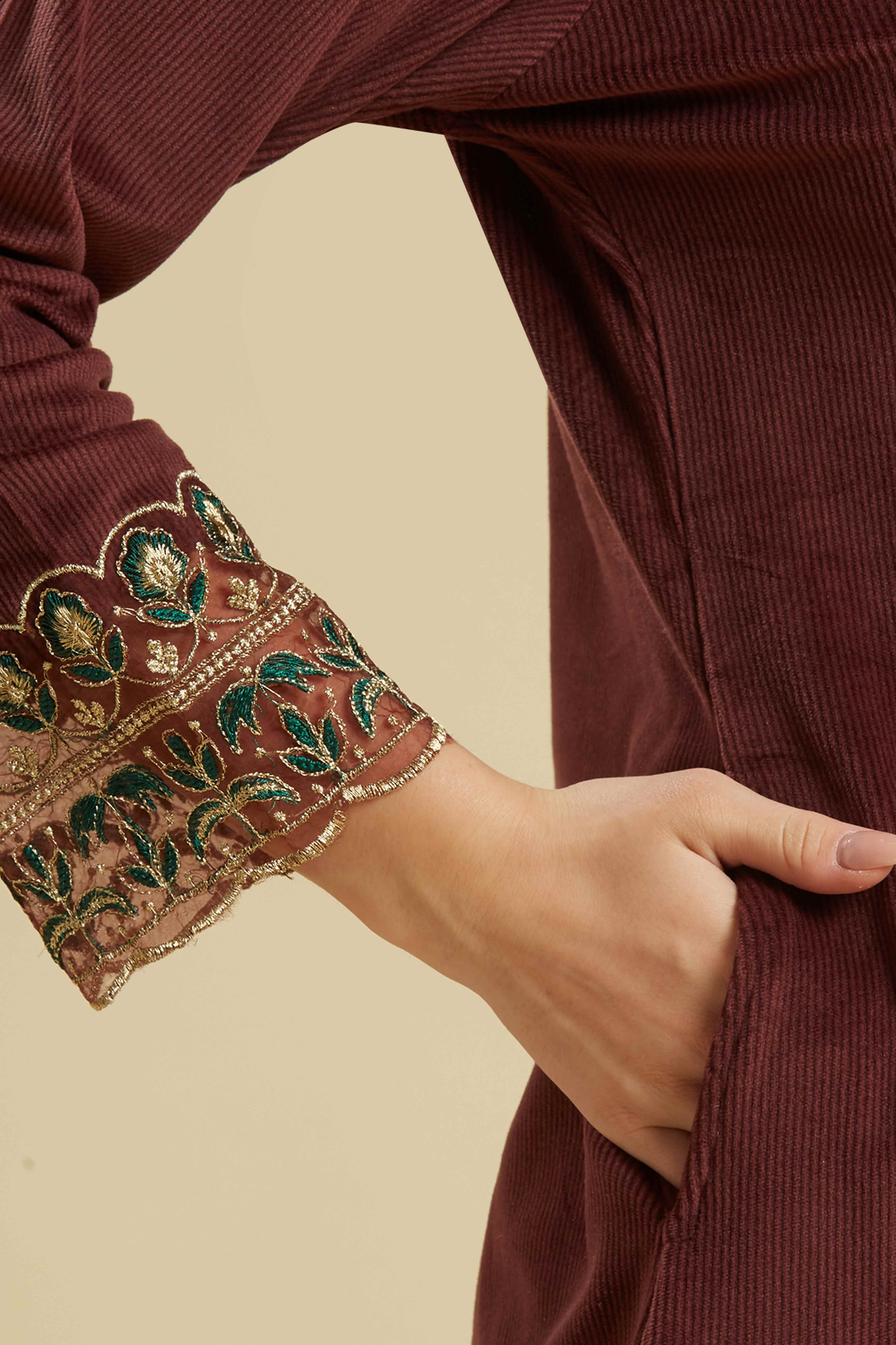 Brown Embroidered Velvet A-Line Top Bottom Set