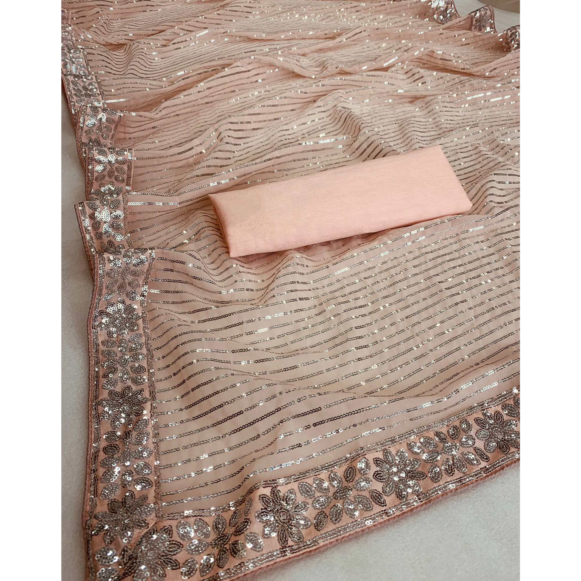 Peach Sequins Embroidered Georgette Saree