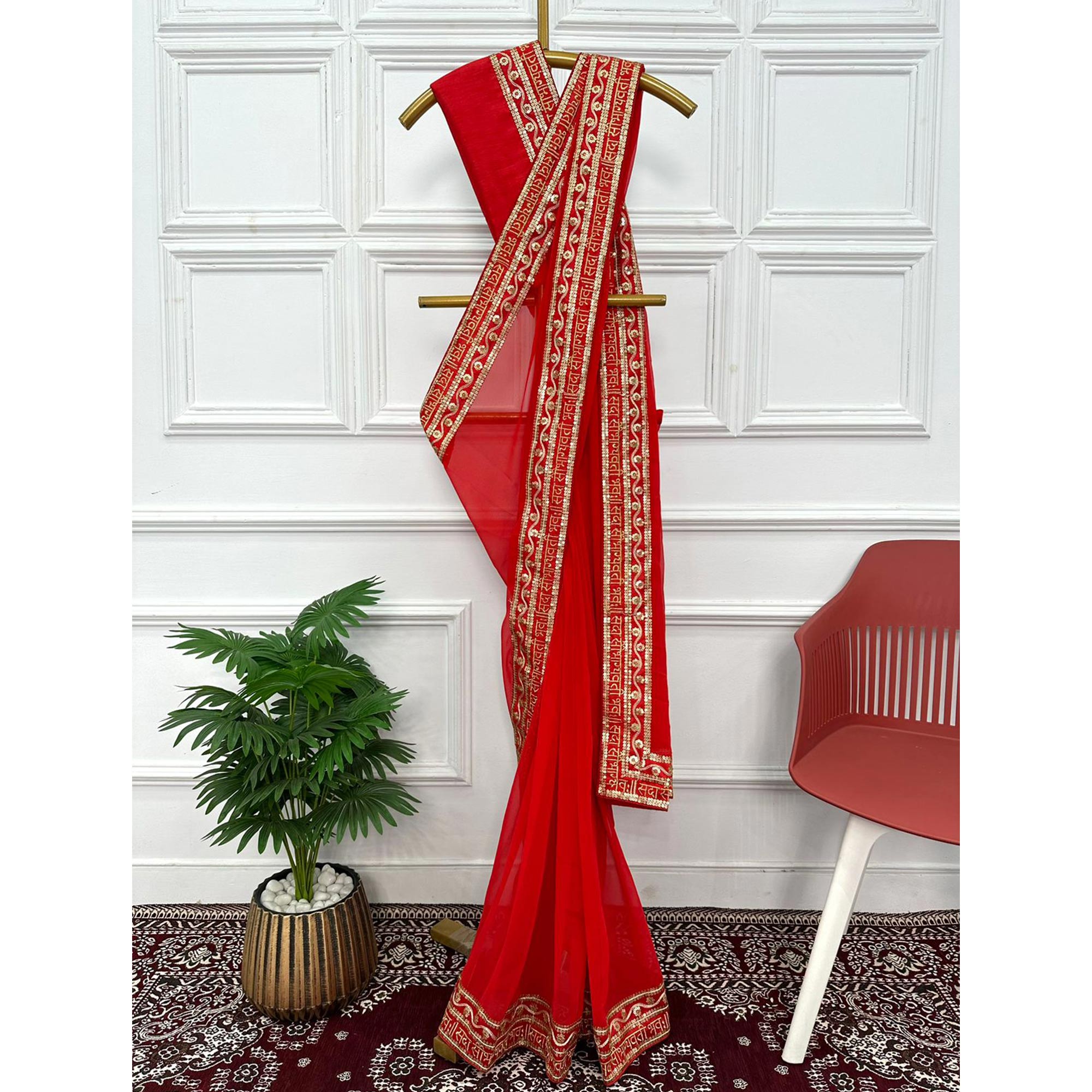 Red Solid With Embroidered Border Georgette Saree