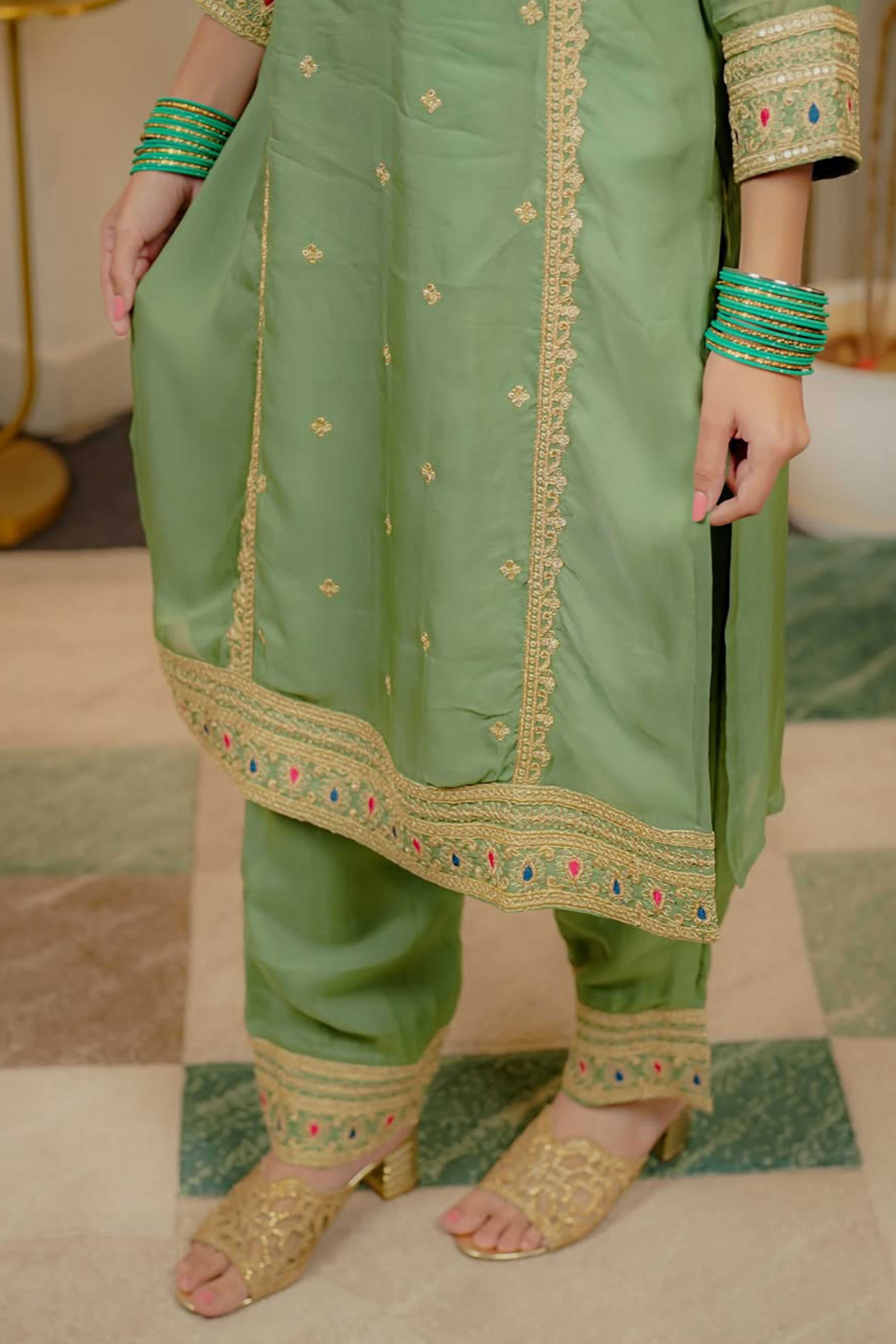 Green Organza Suit Accented with Thread & Sequins Work