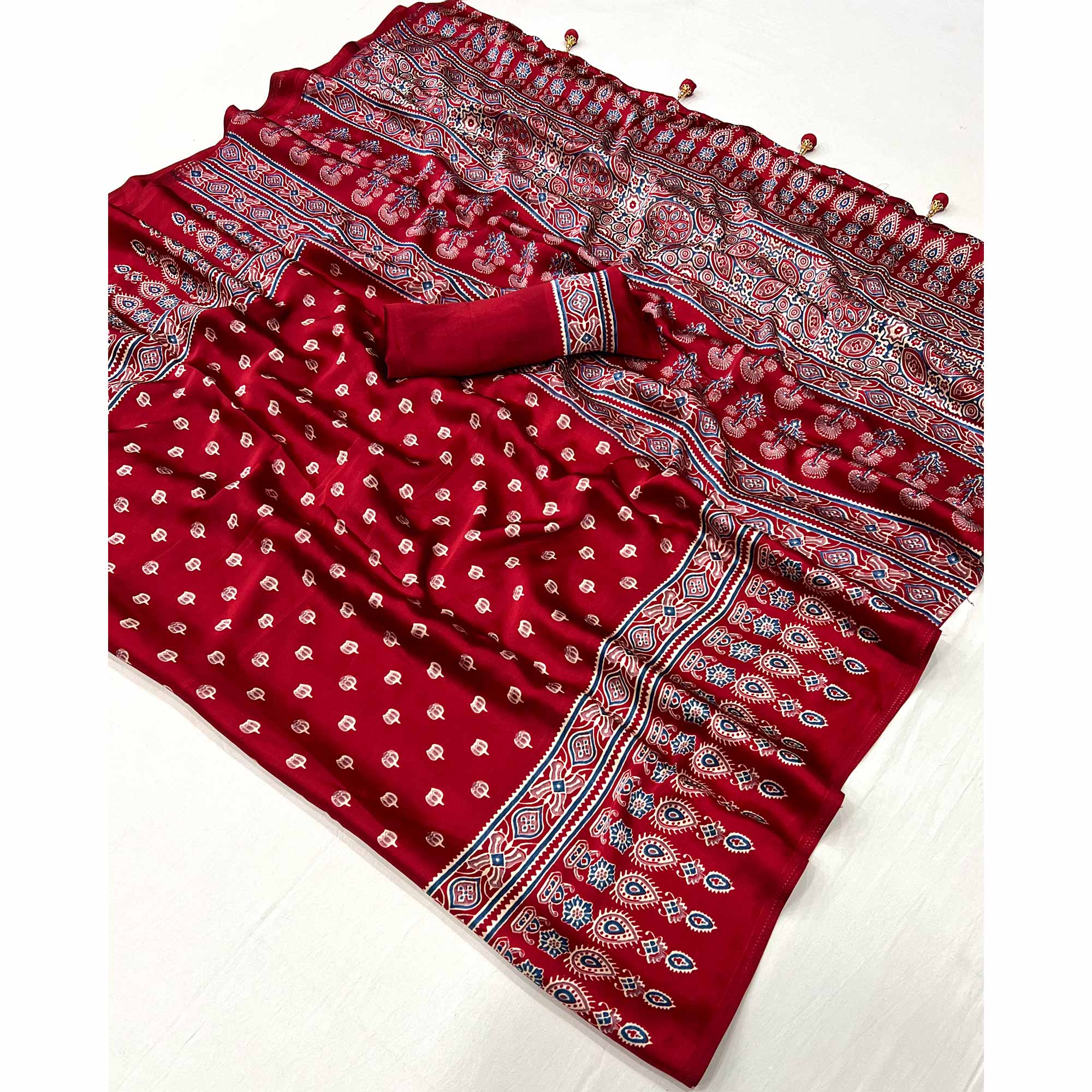 Red Ajrakh Inspired Printed Modal Satin Saree for Party Occasions