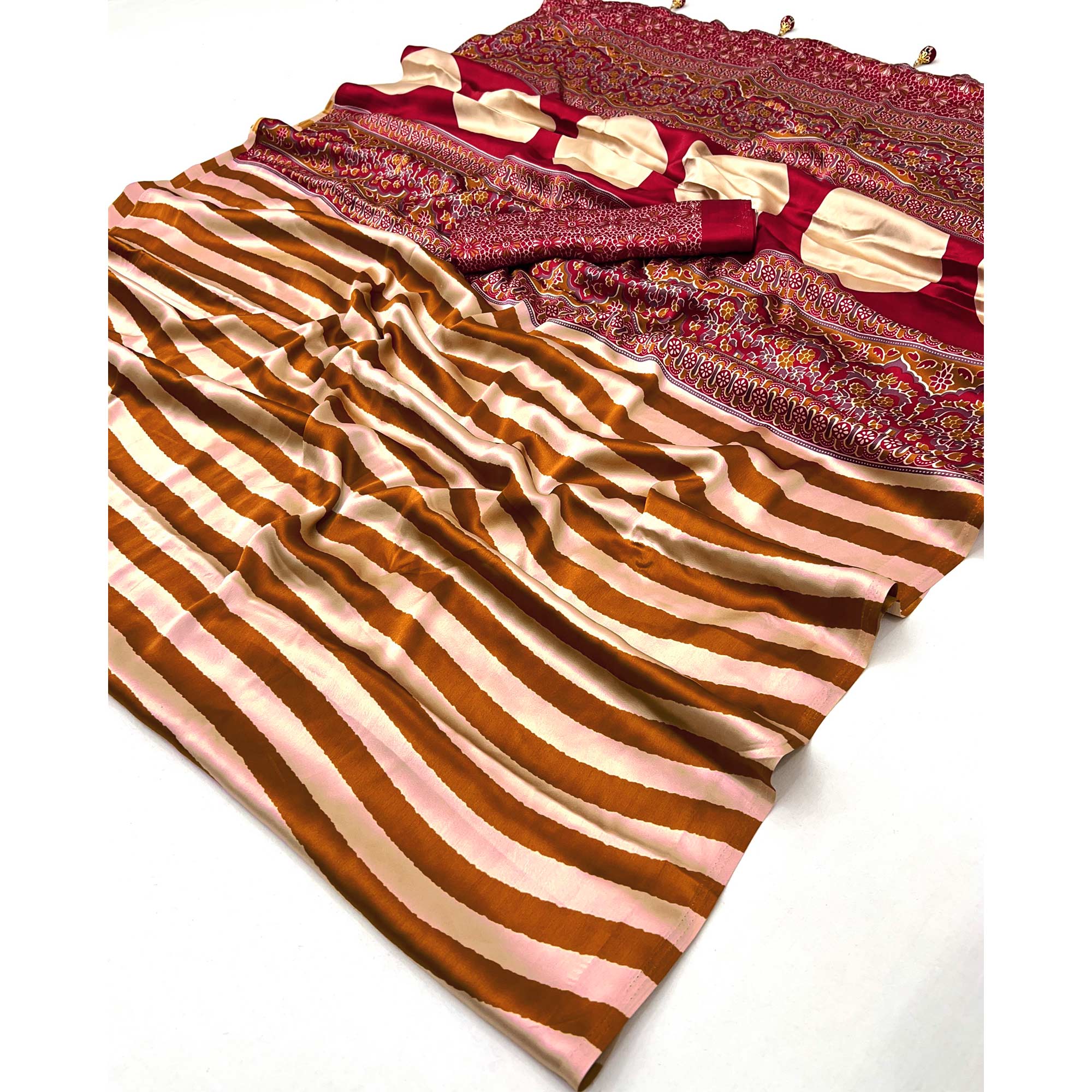 Yellow Modal Satin Saree with Subtle Stripe Design and Ajrakh Print on Pallu
