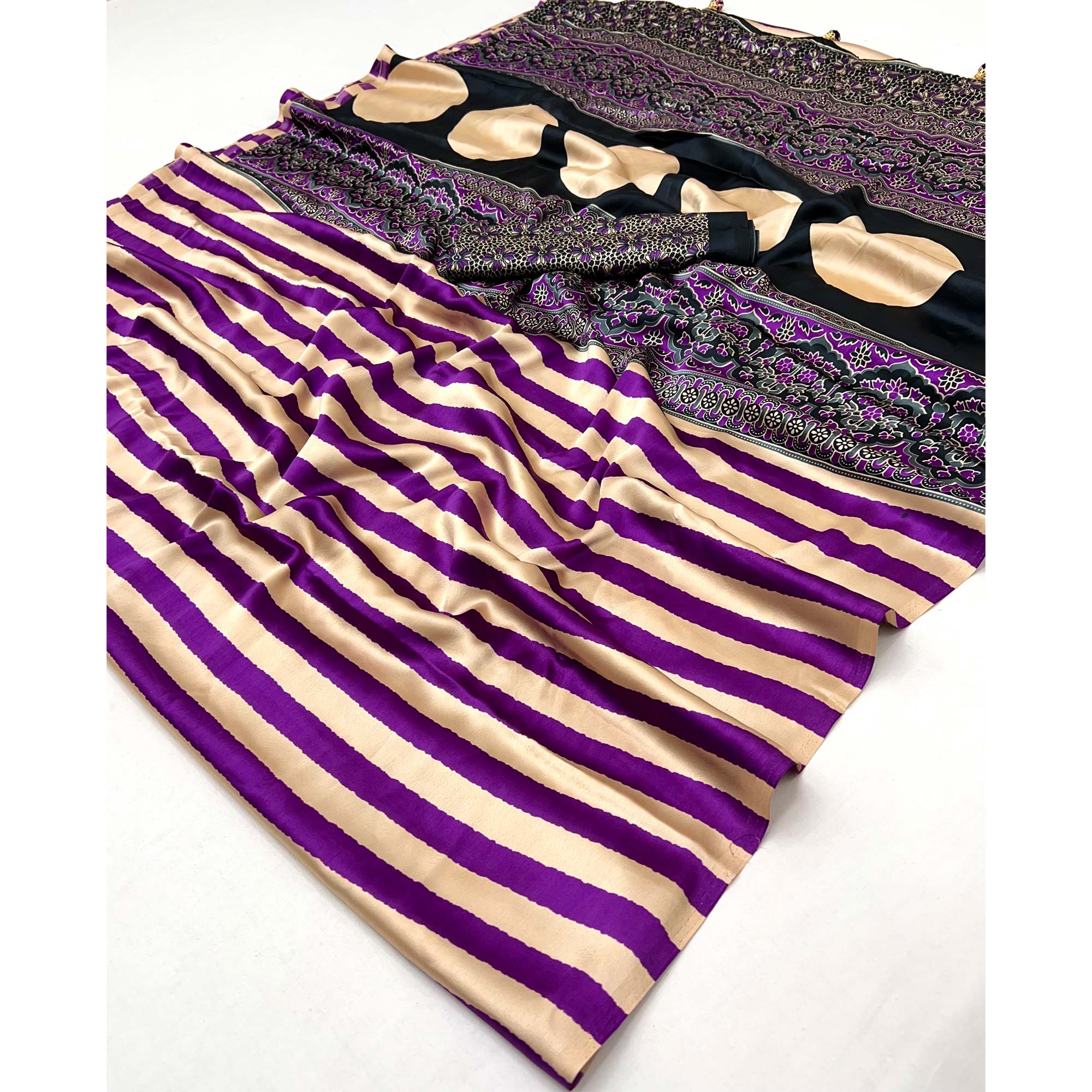 Purple Modal Satin Saree with Subtle Stripe Design and Ajrakh Print on Pallu