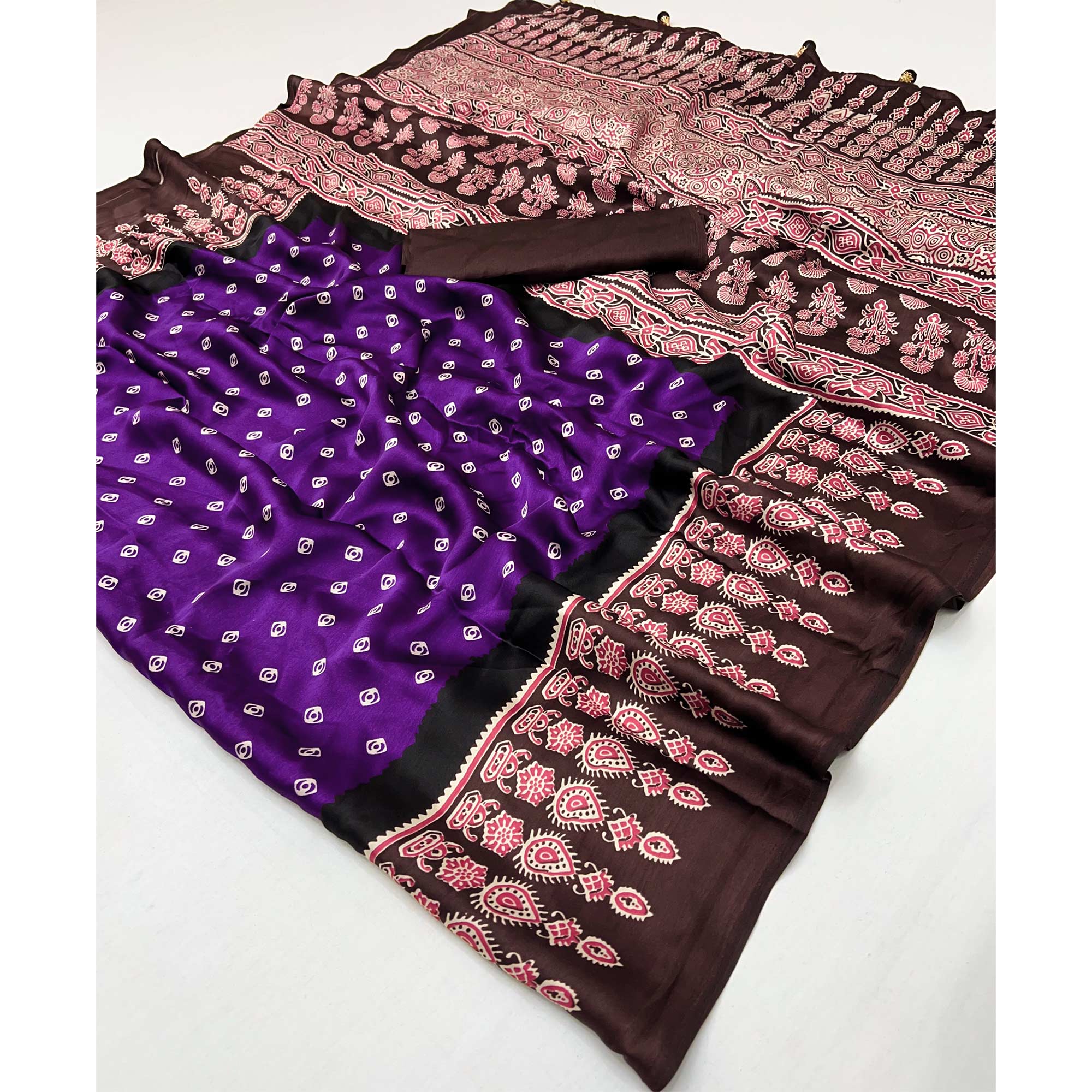 Violet Ajrakh Printed Modal Satin Saree with Traditional Ajrakh Charm