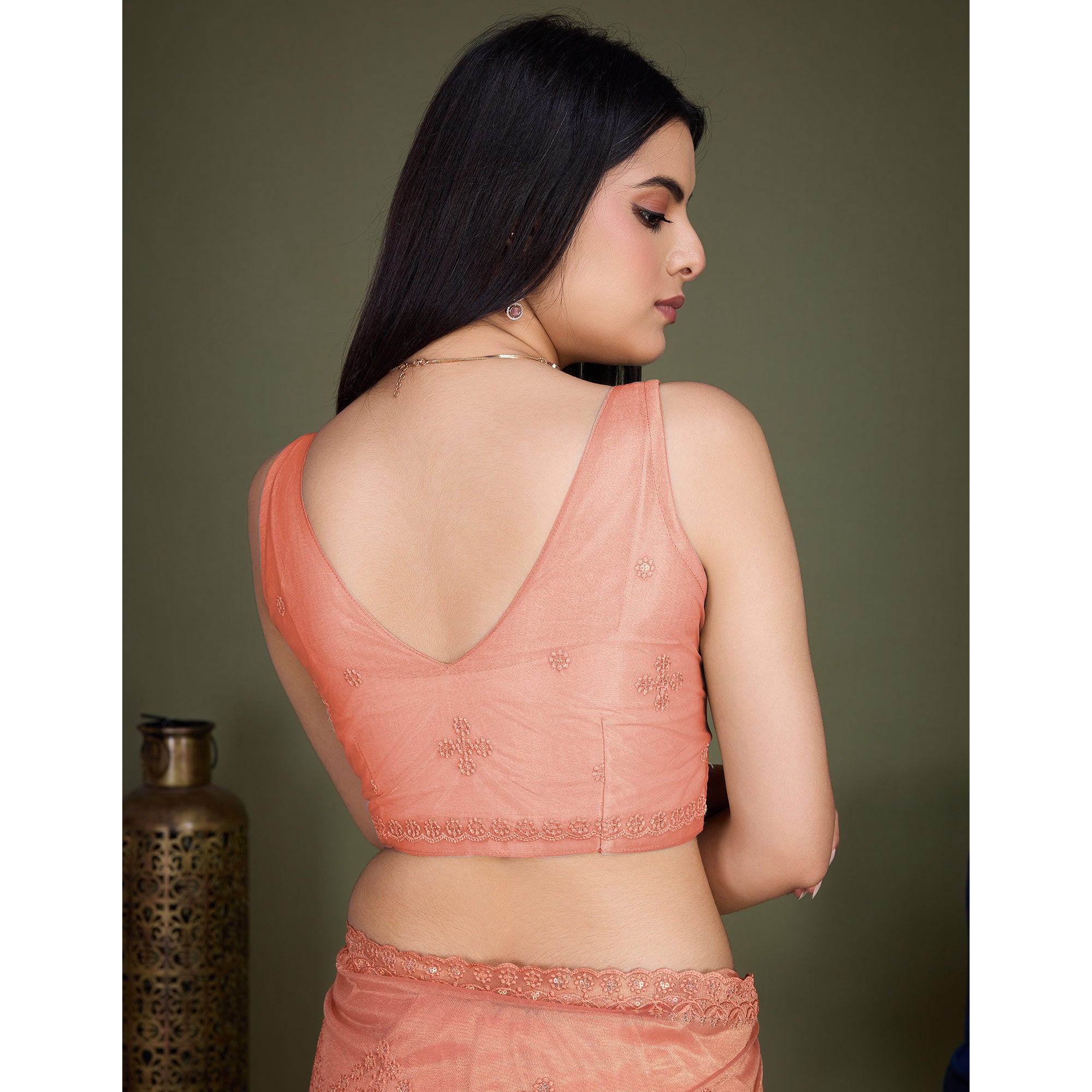 Peach Sequins Embroidered Shimmer Net Saree