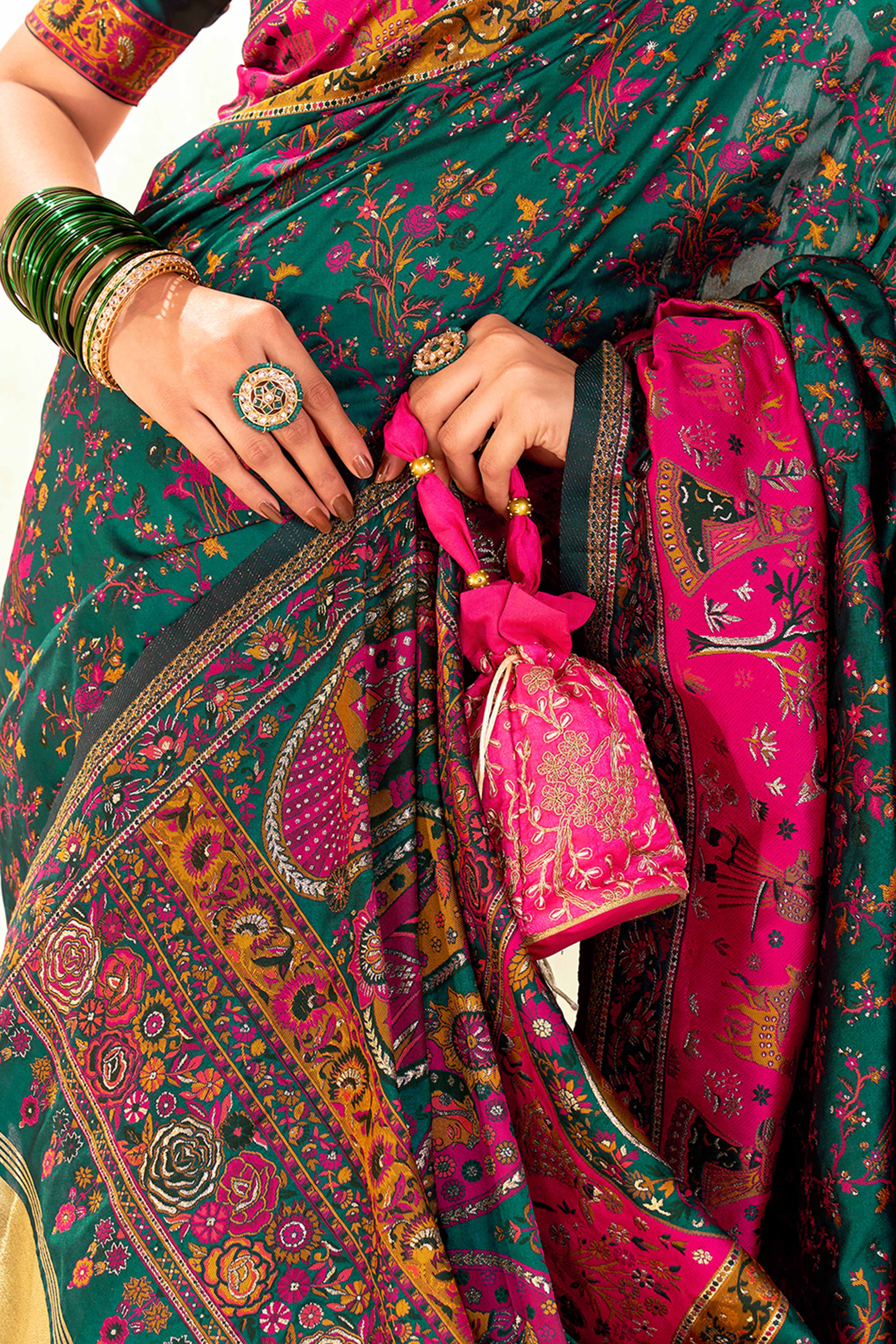 Traditional Green Rajwadi Weaving Pashmina Silk Saree With Kashmiri Pallu & Elegant Zari Border