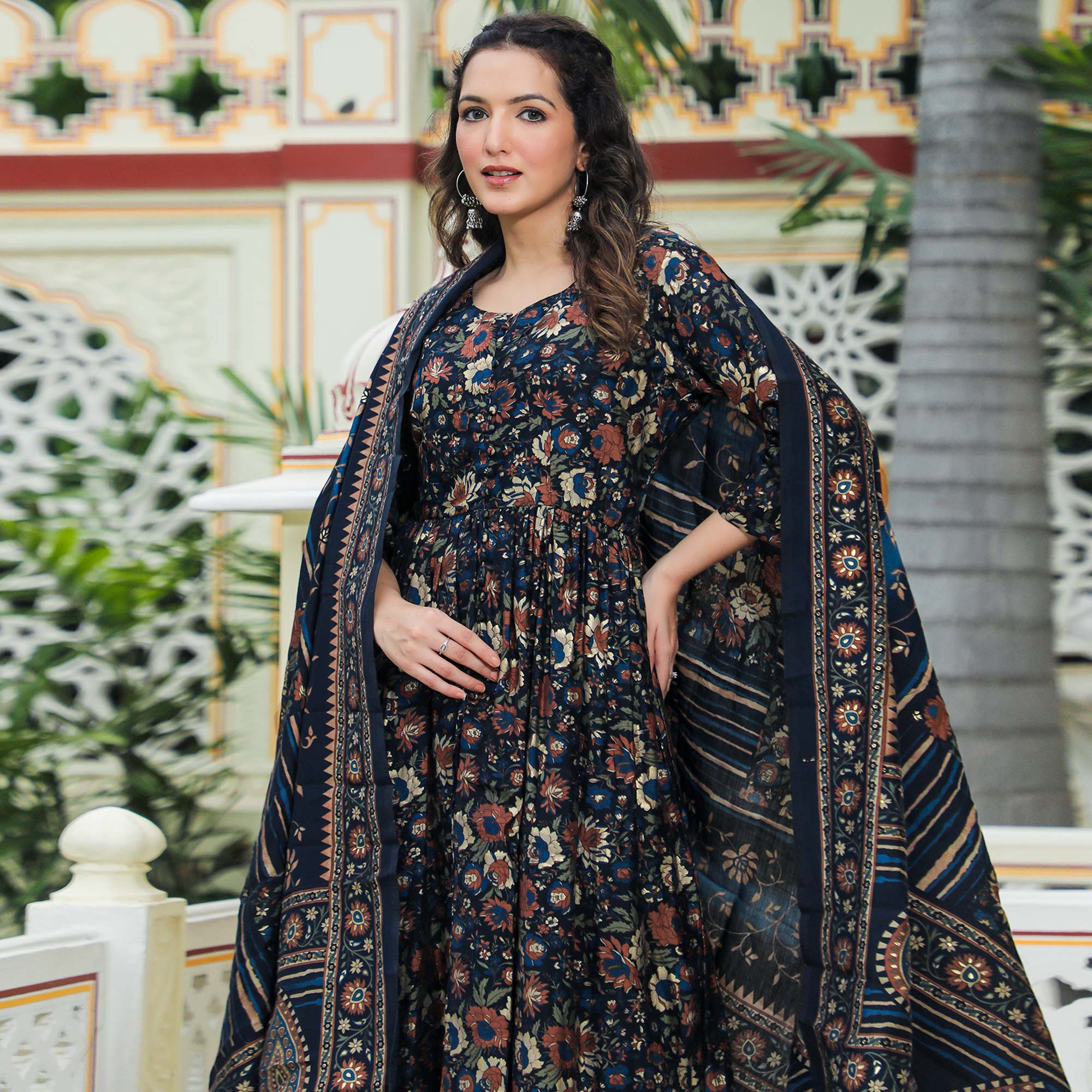 Blue Floral Foil Printed Chanderi Suit