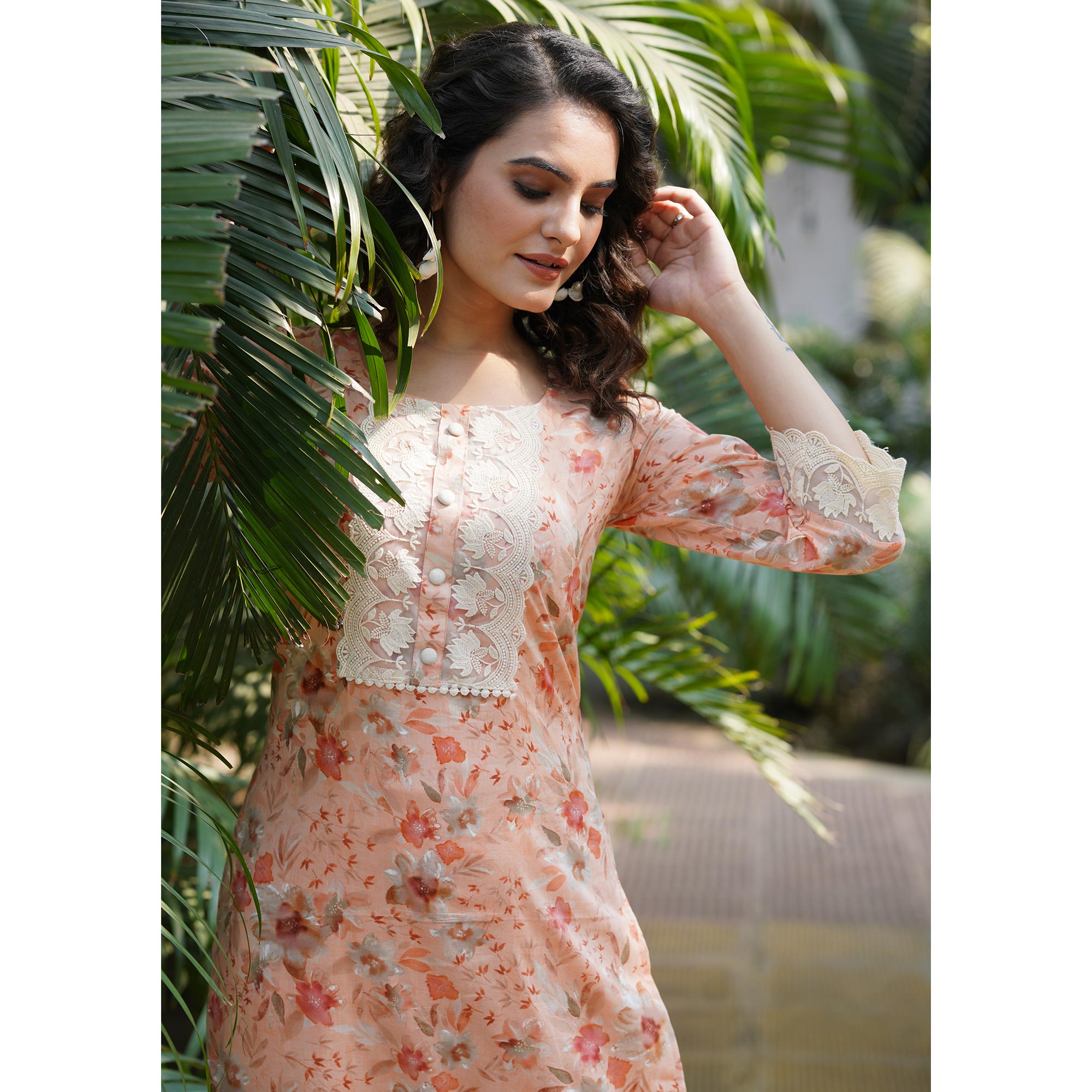 Peach Straight Pure Cotton Suit With Foil Print & Yoke Embroidery