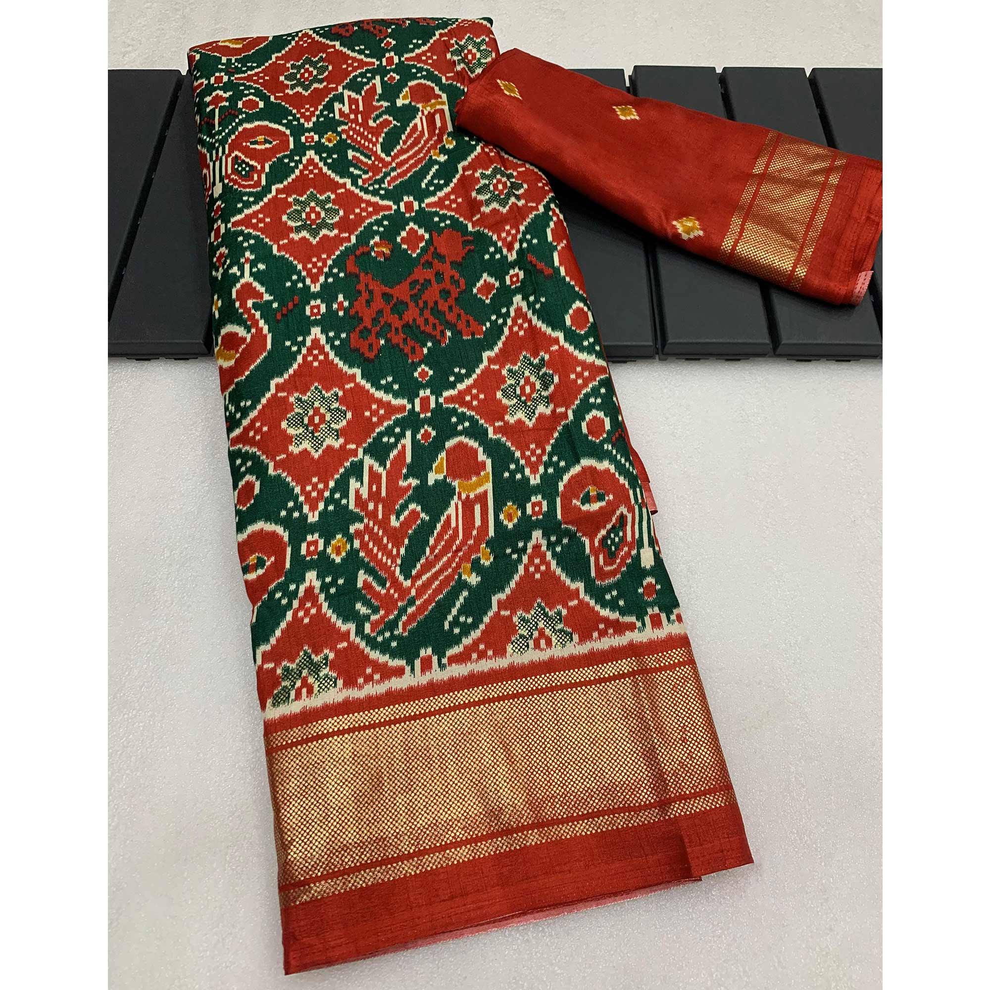 Green & Red Patola Printed Viscose Saree With Zari Border