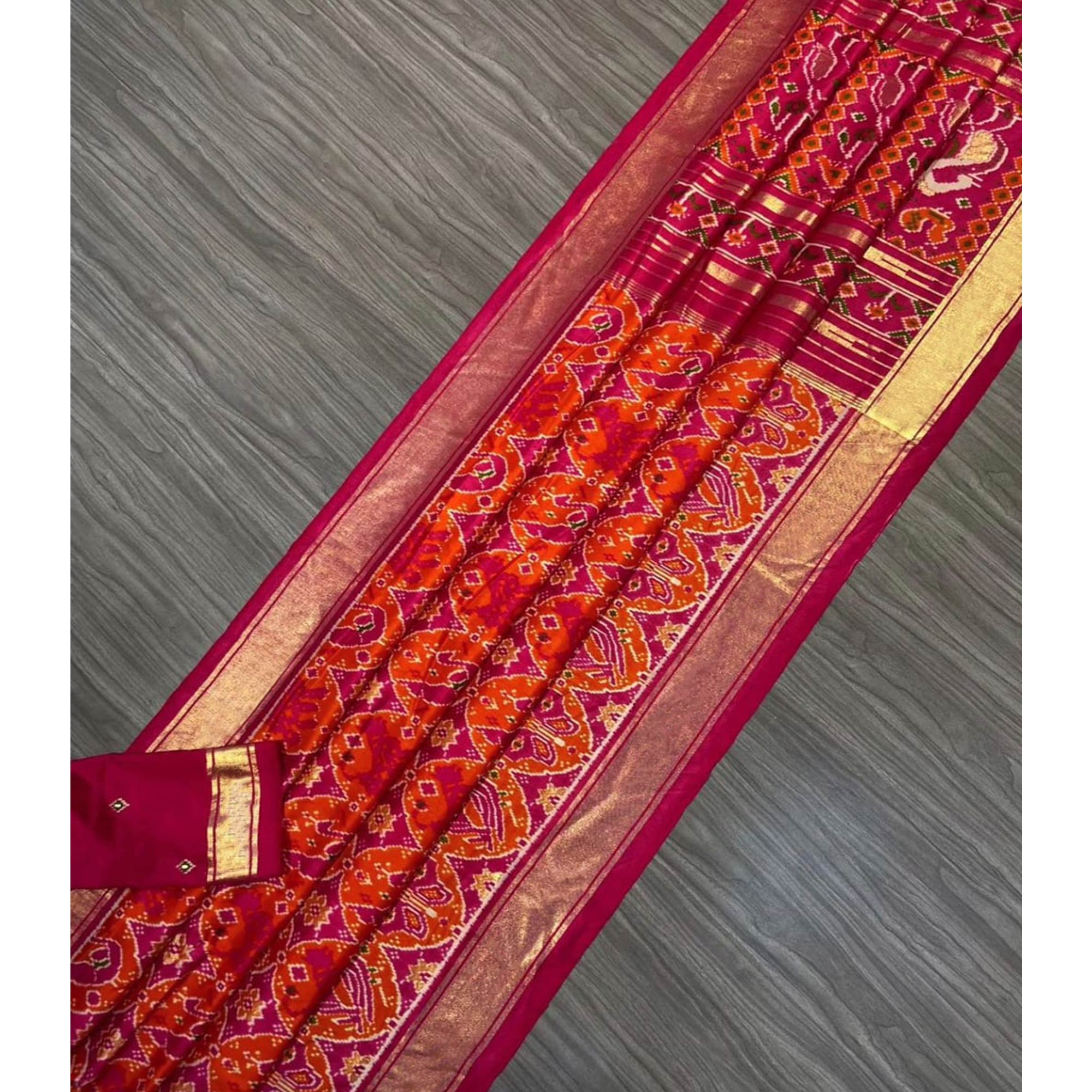 Pink & Orange Patola Printed Viscose Saree With Zari Border