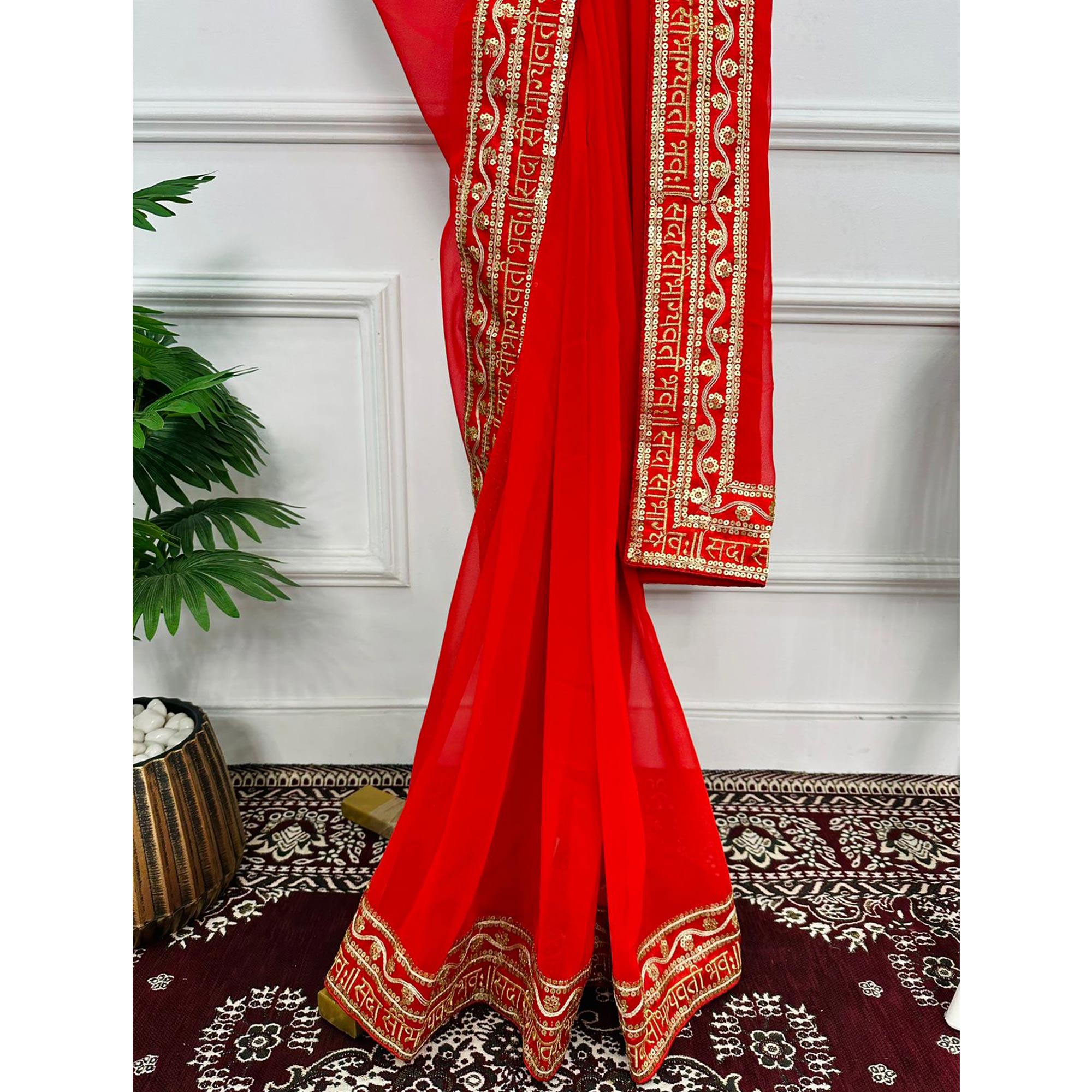 Red Solid With Embroidered Border Georgette Saree