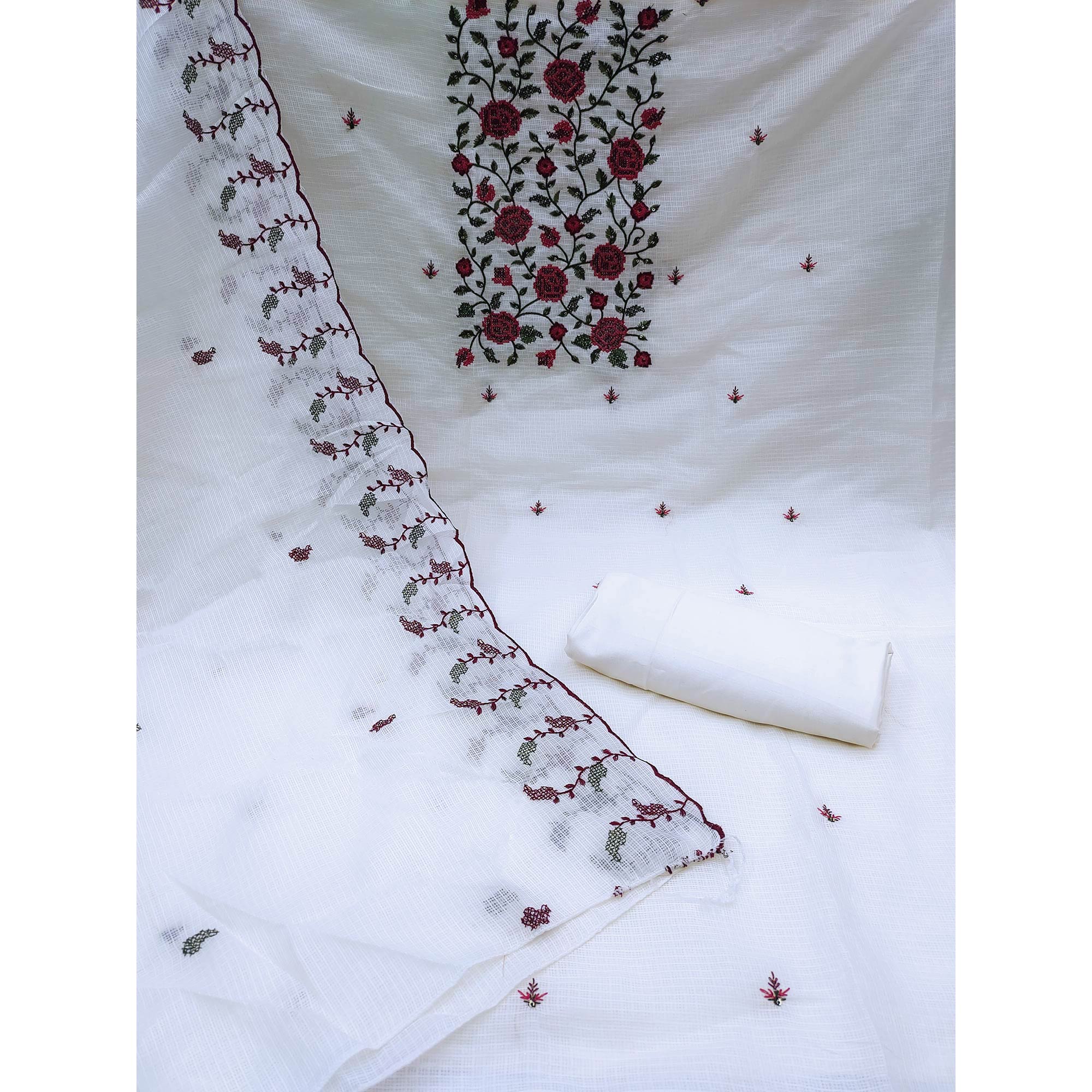 White Floral Sequins Embroidered Kota Doria Dress Material