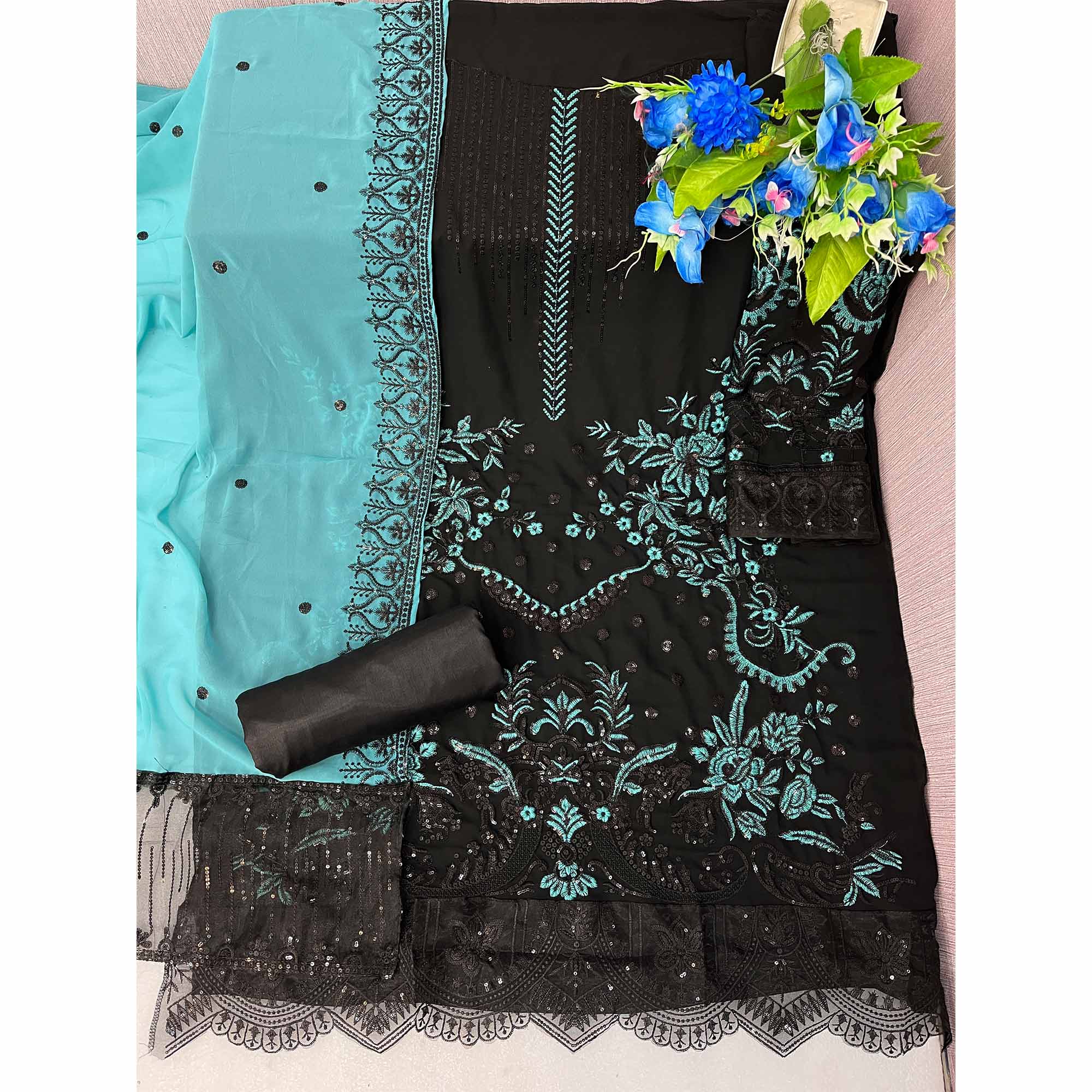 Black & Blue Floral Embroidered Georgette Semi Stitched Pakistani Suit