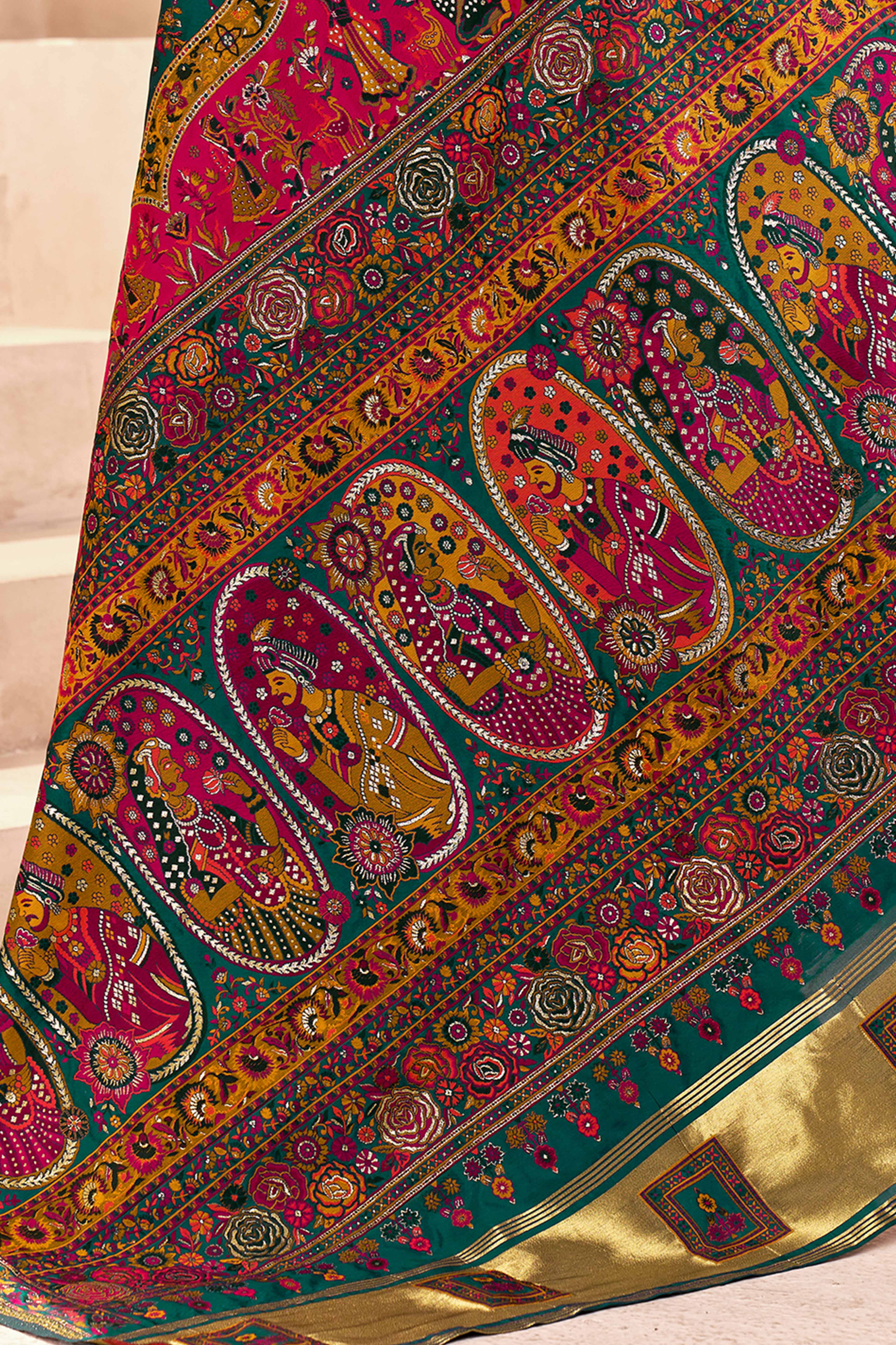 Traditional Green Rajwadi Weaving Pashmina Silk Saree With Kashmiri Pallu & Elegant Zari Border