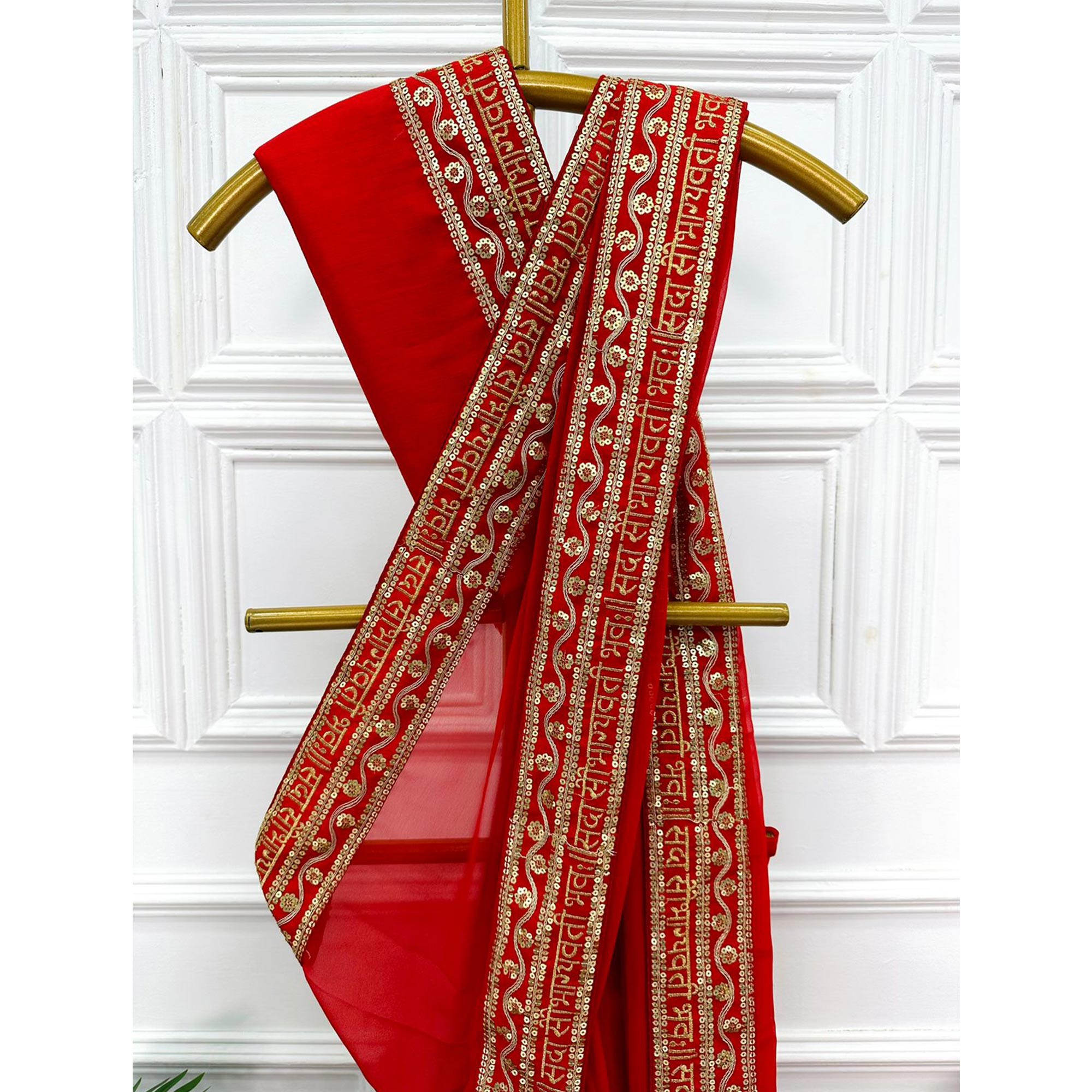 Red Solid With Embroidered Border Georgette Saree