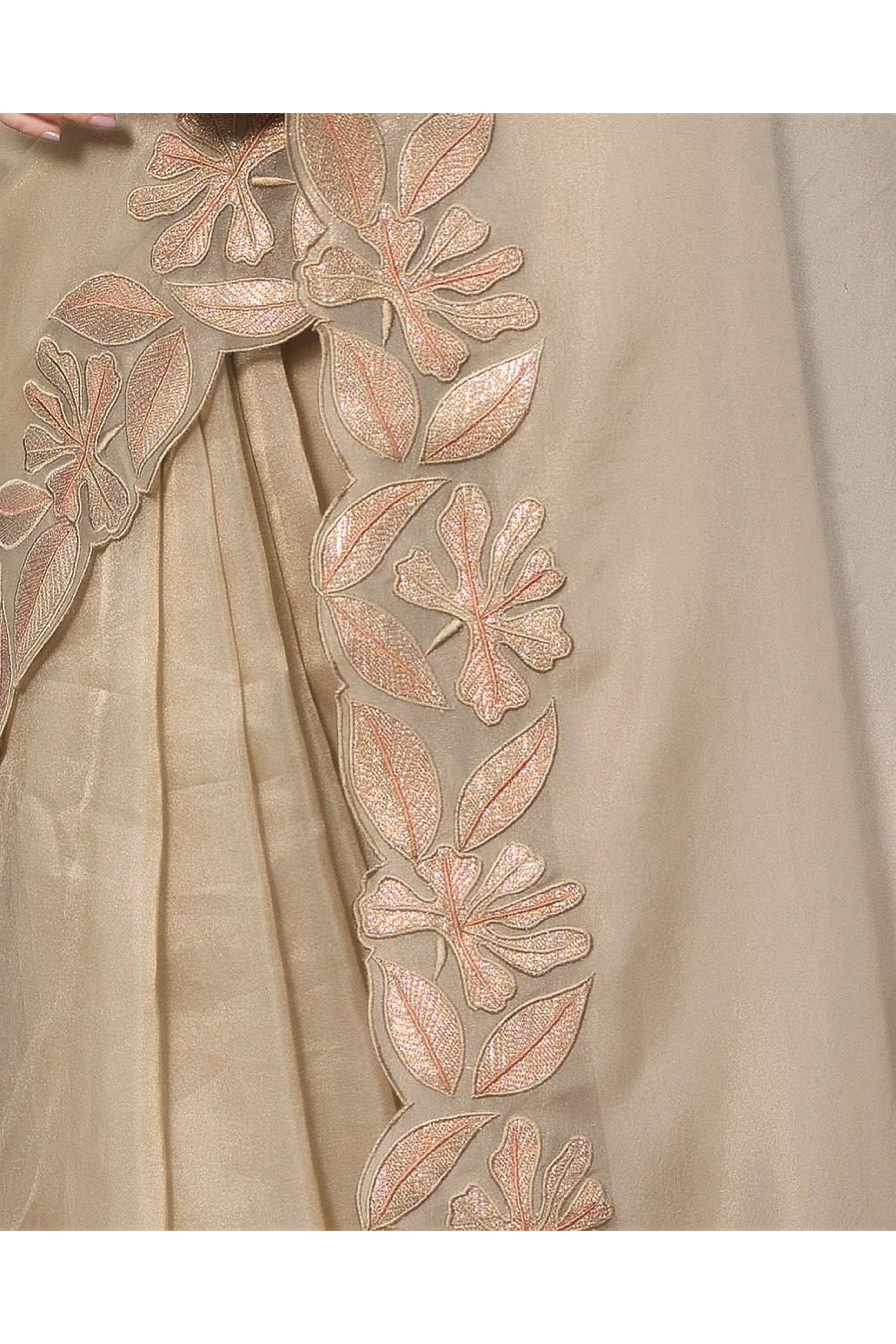 Sophisticated Beige Organza Silk Saree Beautified With Intricate Floral Embroidery & Sequins Work
