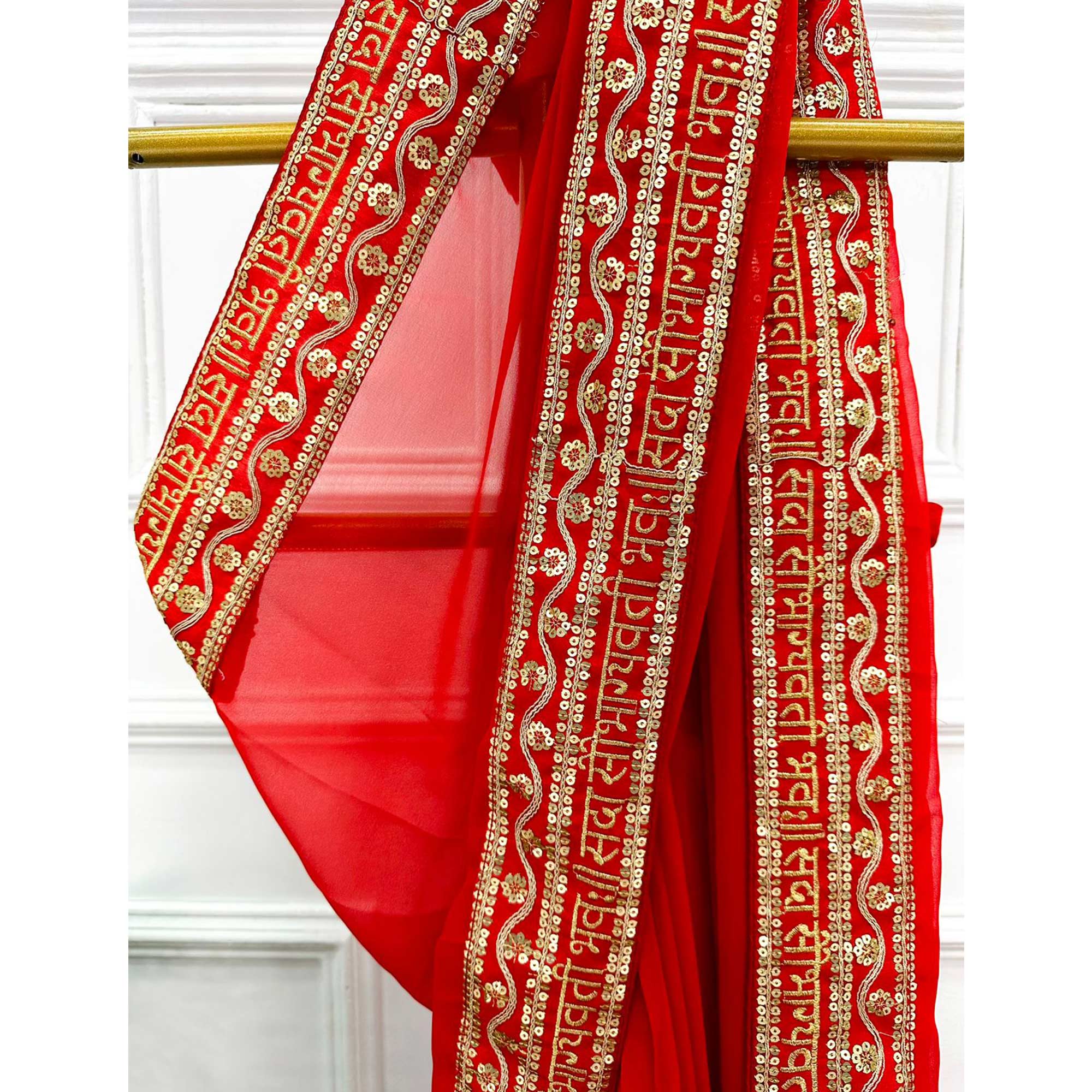 Red Solid With Embroidered Border Georgette Saree