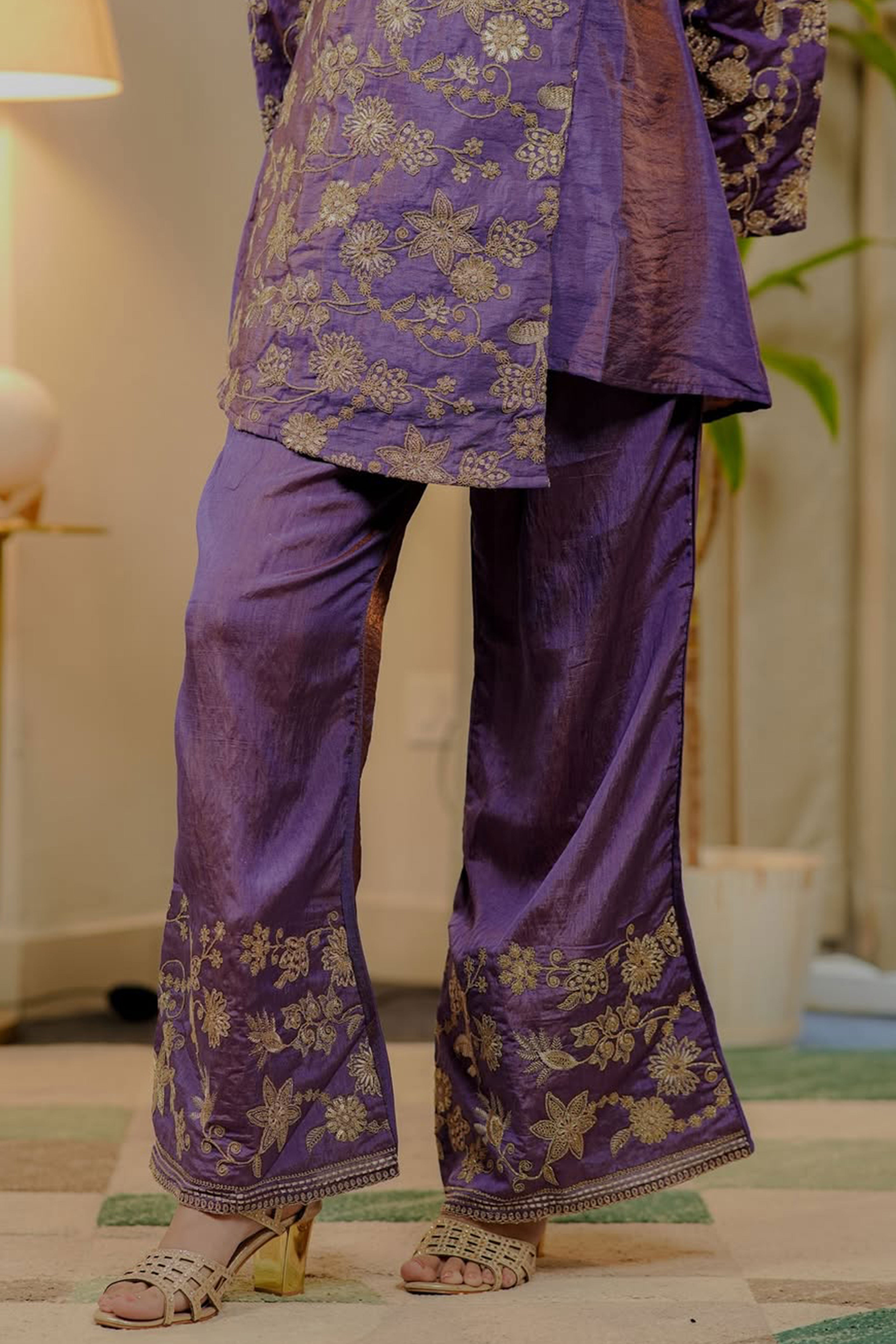 Purple Mirai Viscose Top Bottom Set Adorned with Beautiful Golden Thread Floral Embroidery