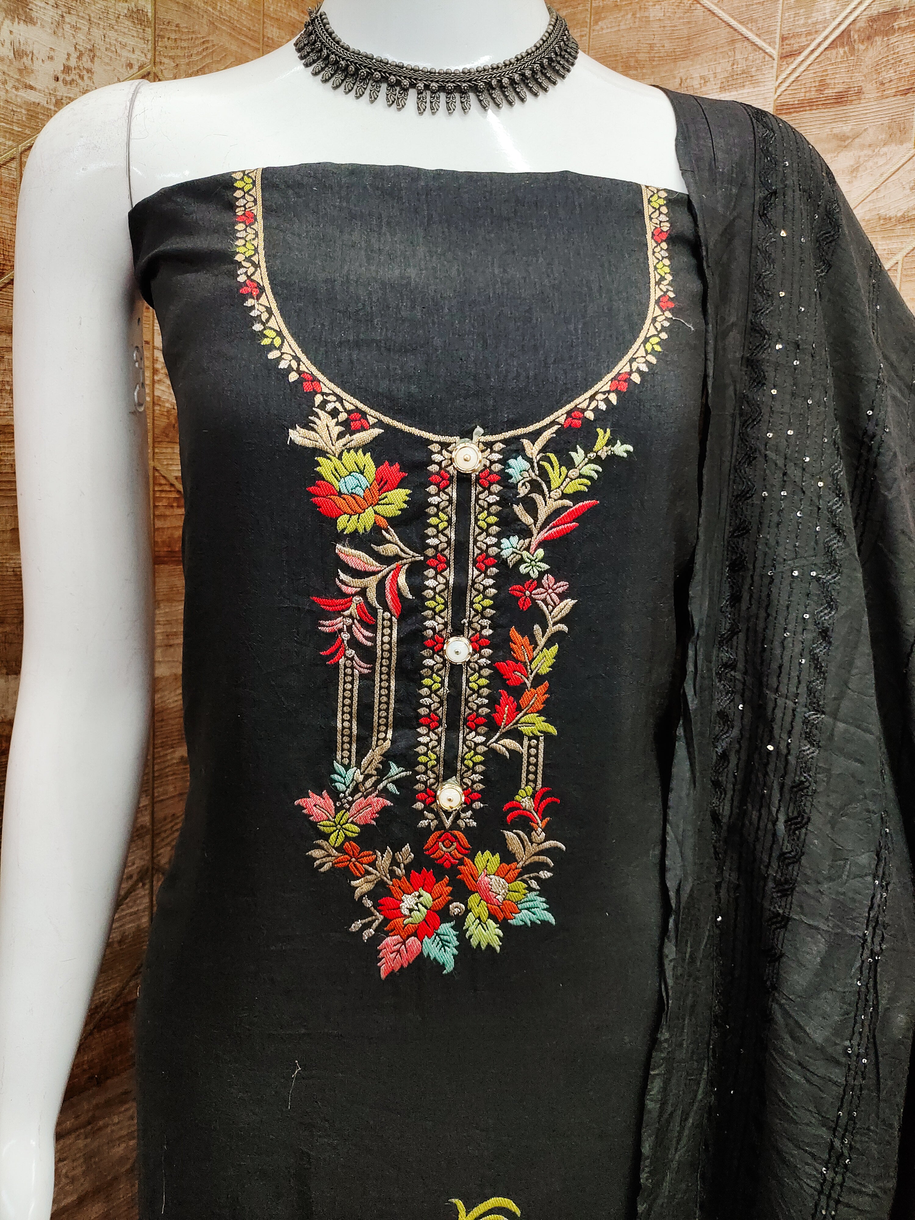 Black Floral Woven Dola Silk Dress Material