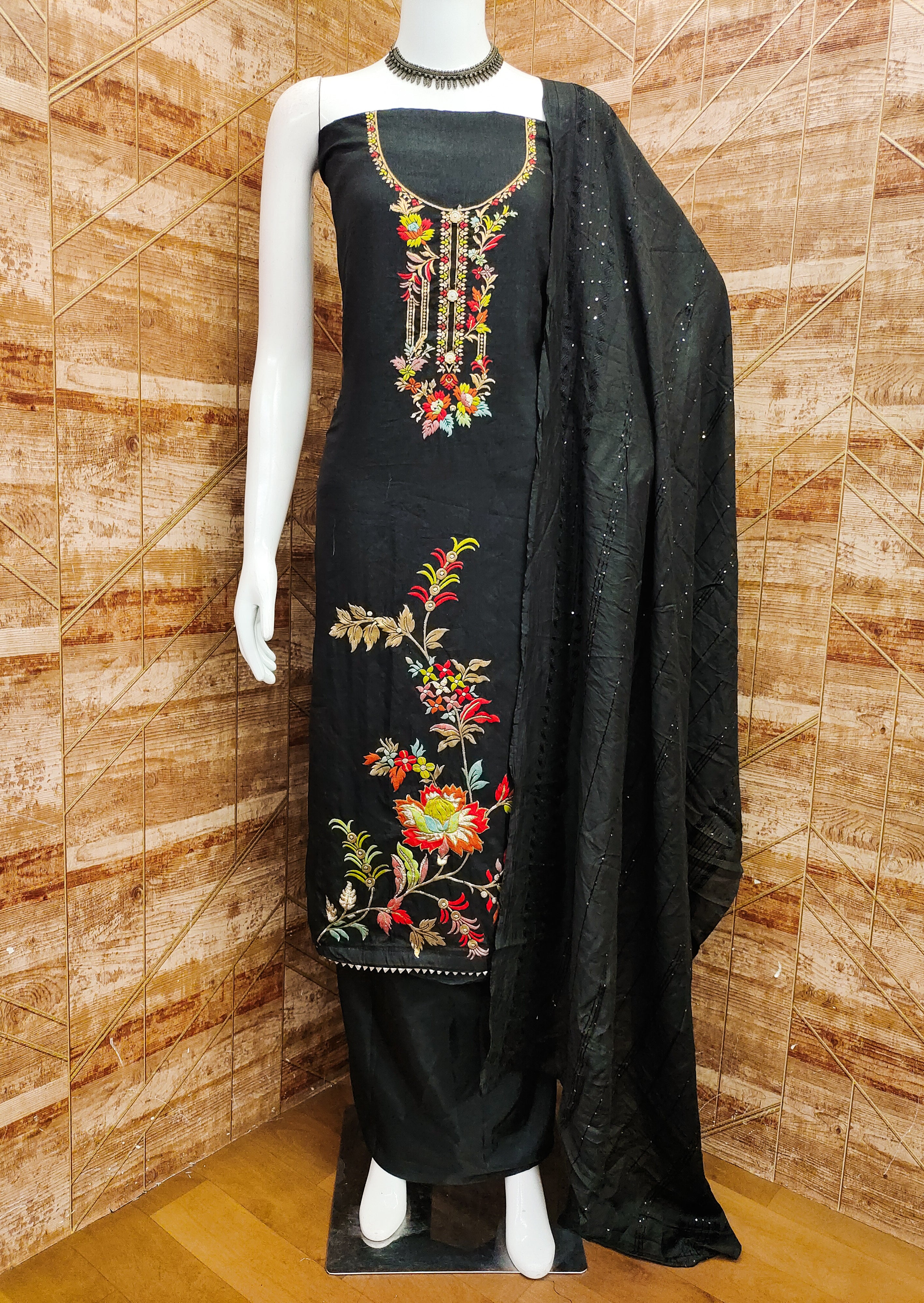 Black Floral Woven Dola Silk Dress Material