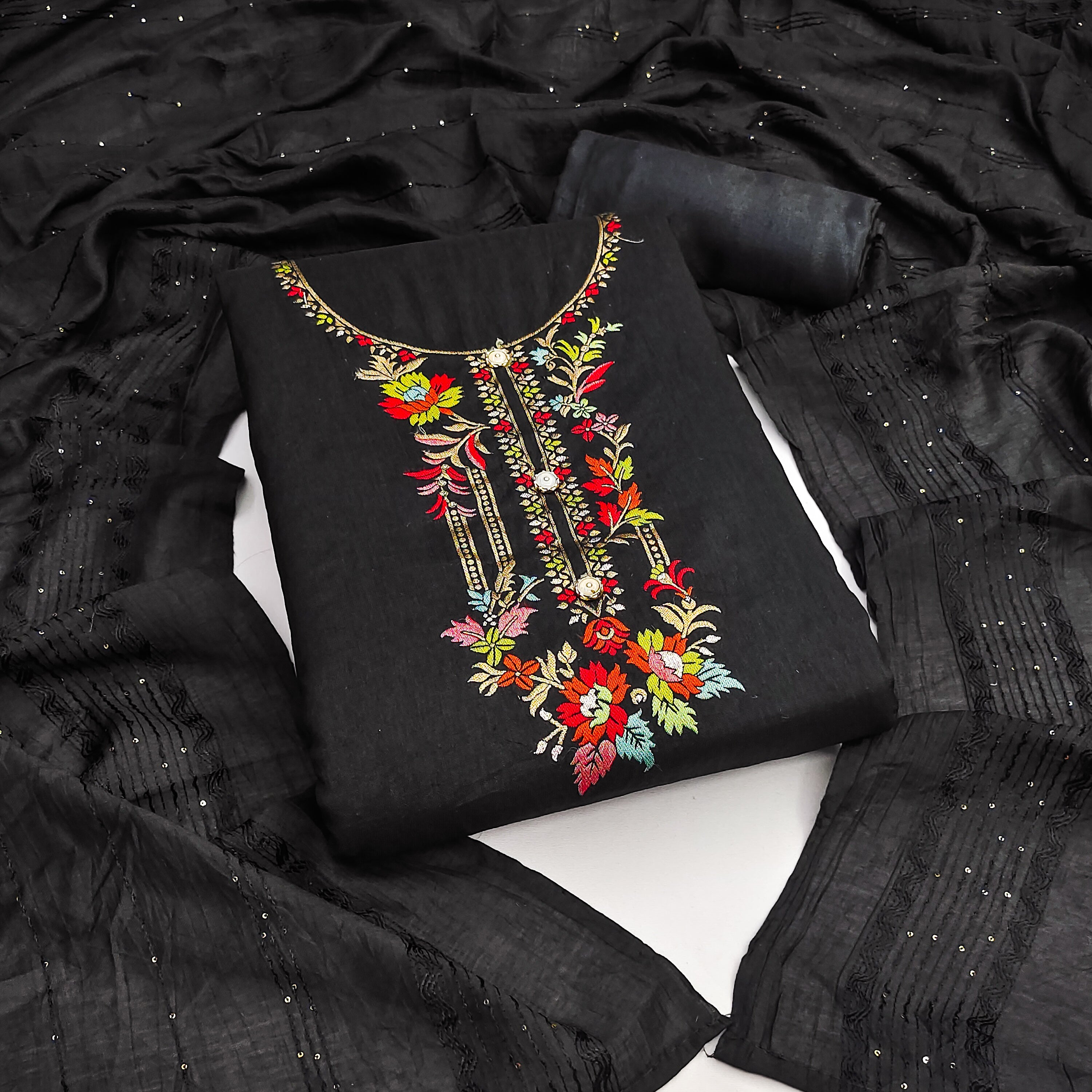 Black Floral Woven Dola Silk Dress Material