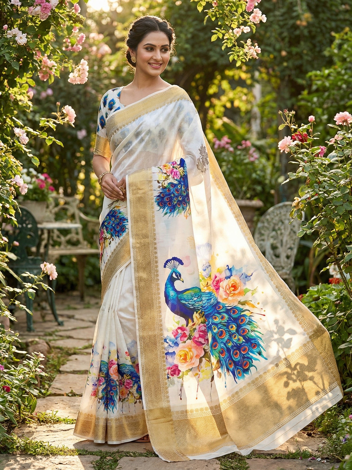 White & Blue Floral Printed Dola Silk Saree With Woven Broder