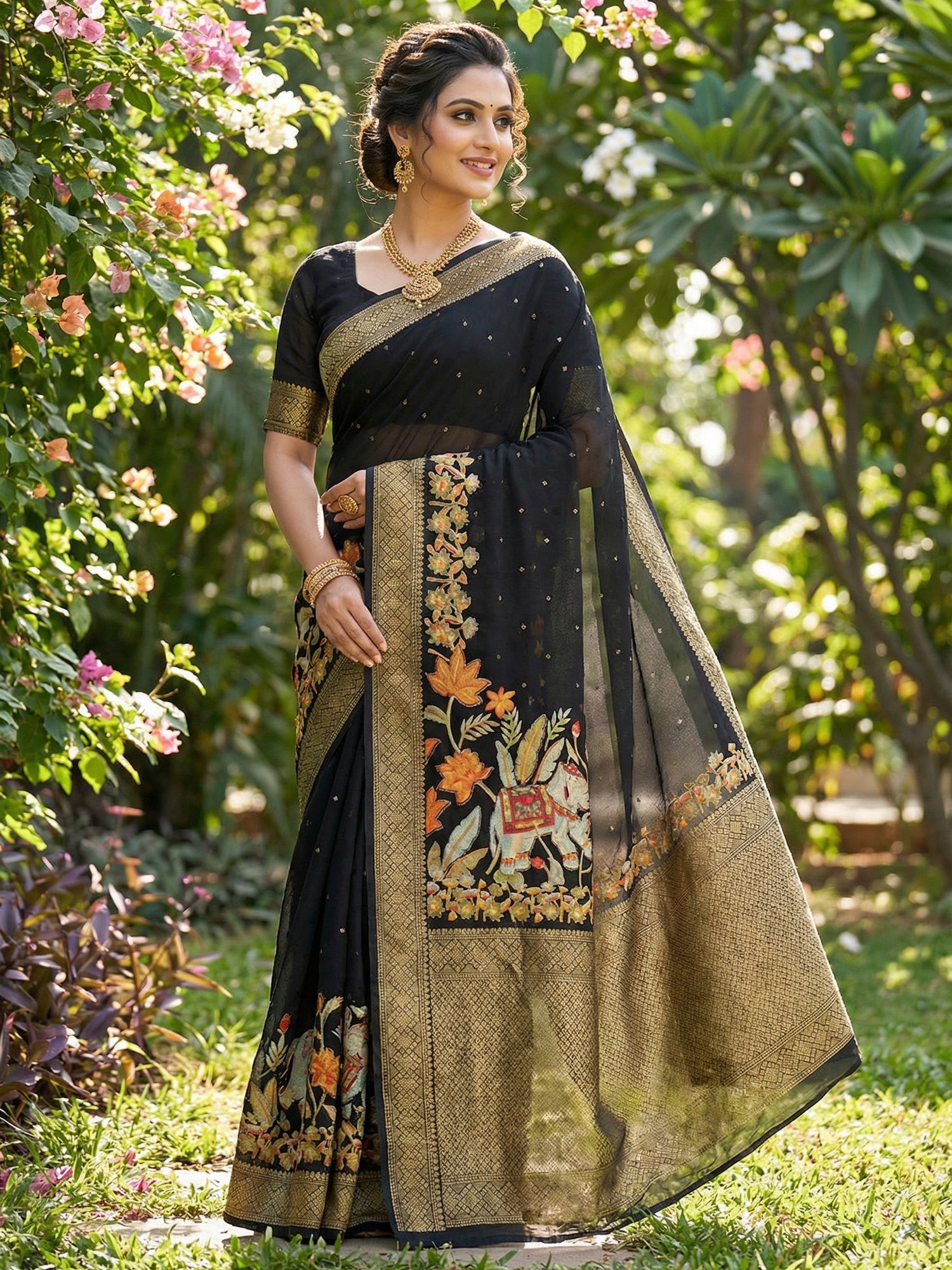 Elegant Black Elephant & Floral Printed Georgette Saree Accented With Gleaming Weaving Zari Border