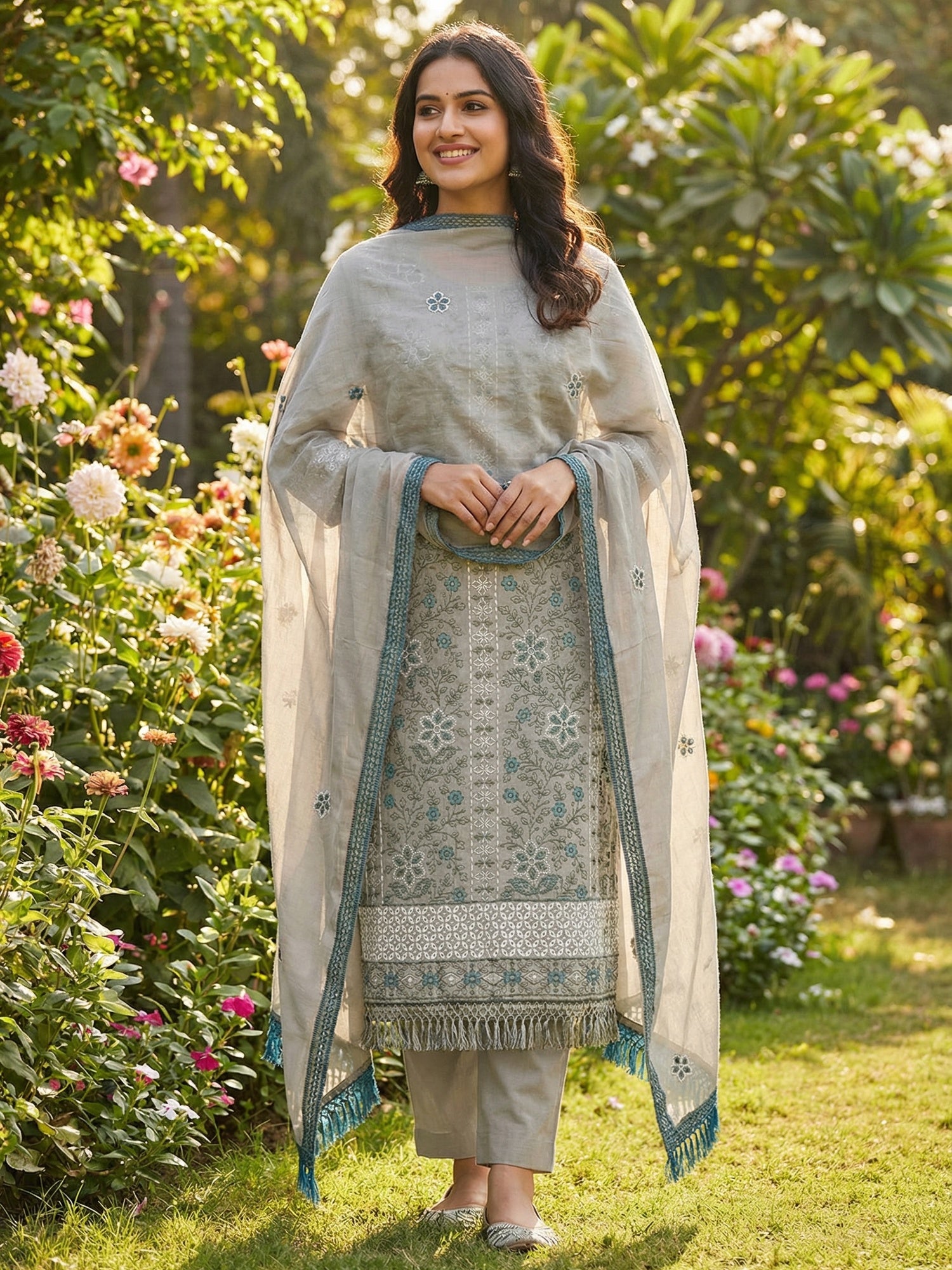 Grey Floral Embroidered Pure Cotton Dress Material