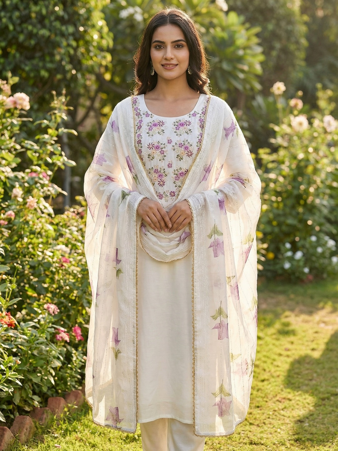 White Floral Embroidered Viscose Dress Material