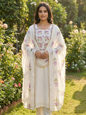White Floral Embroidered Viscose Dress Material