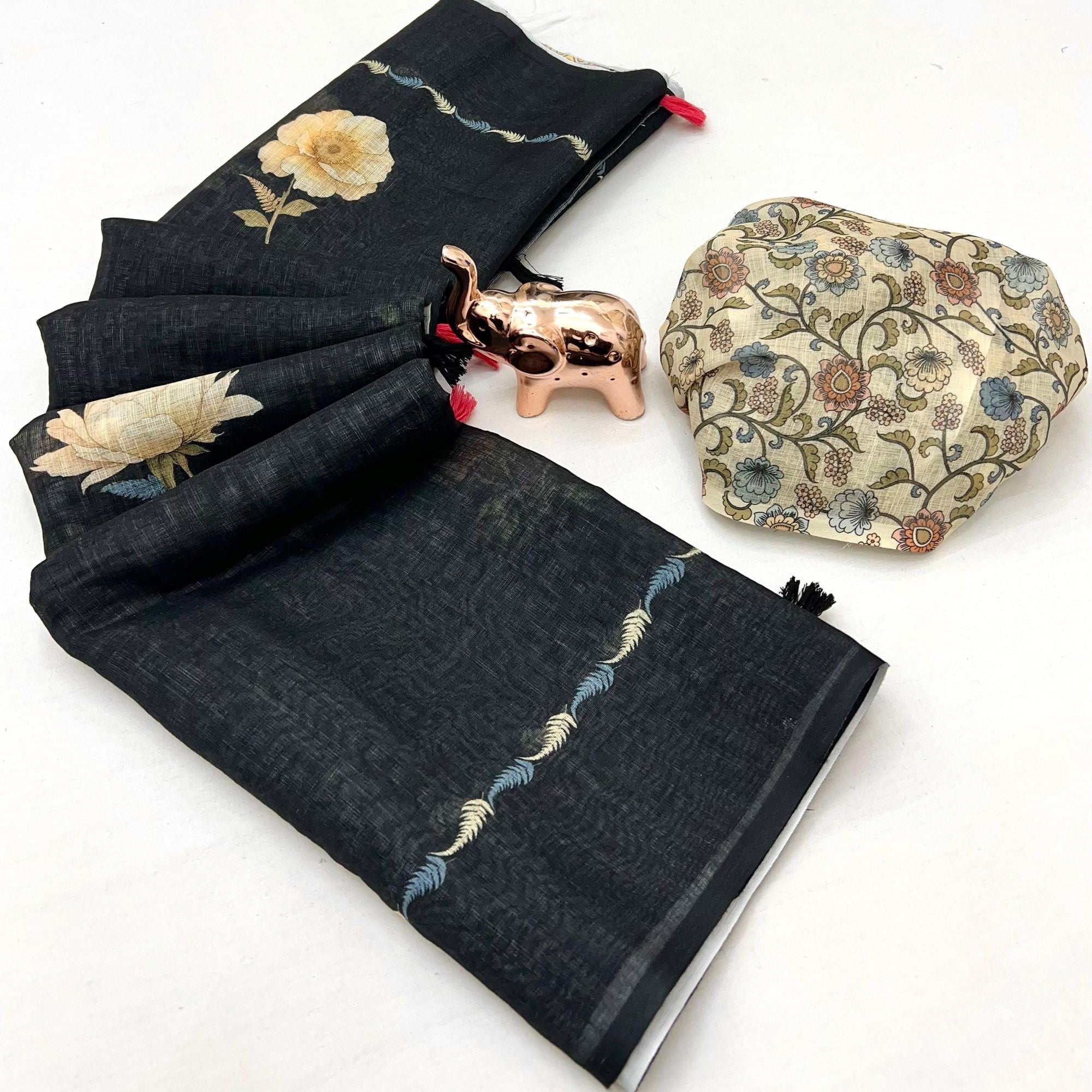 Elegant Black Linen Saree with Floral Print and Border Detail - Image 2