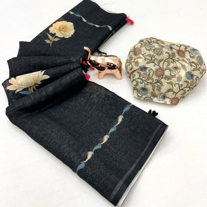 Elegant Black Linen Saree with Floral Print and Border Detail - Image 2