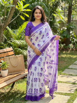 Purple Floral Printed Linen Saree with Polka Dot Blouse Piece - Image 1