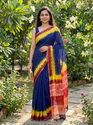 Elegant Navy Blue Linen Saree with Tie-Dye Accent - Image 1