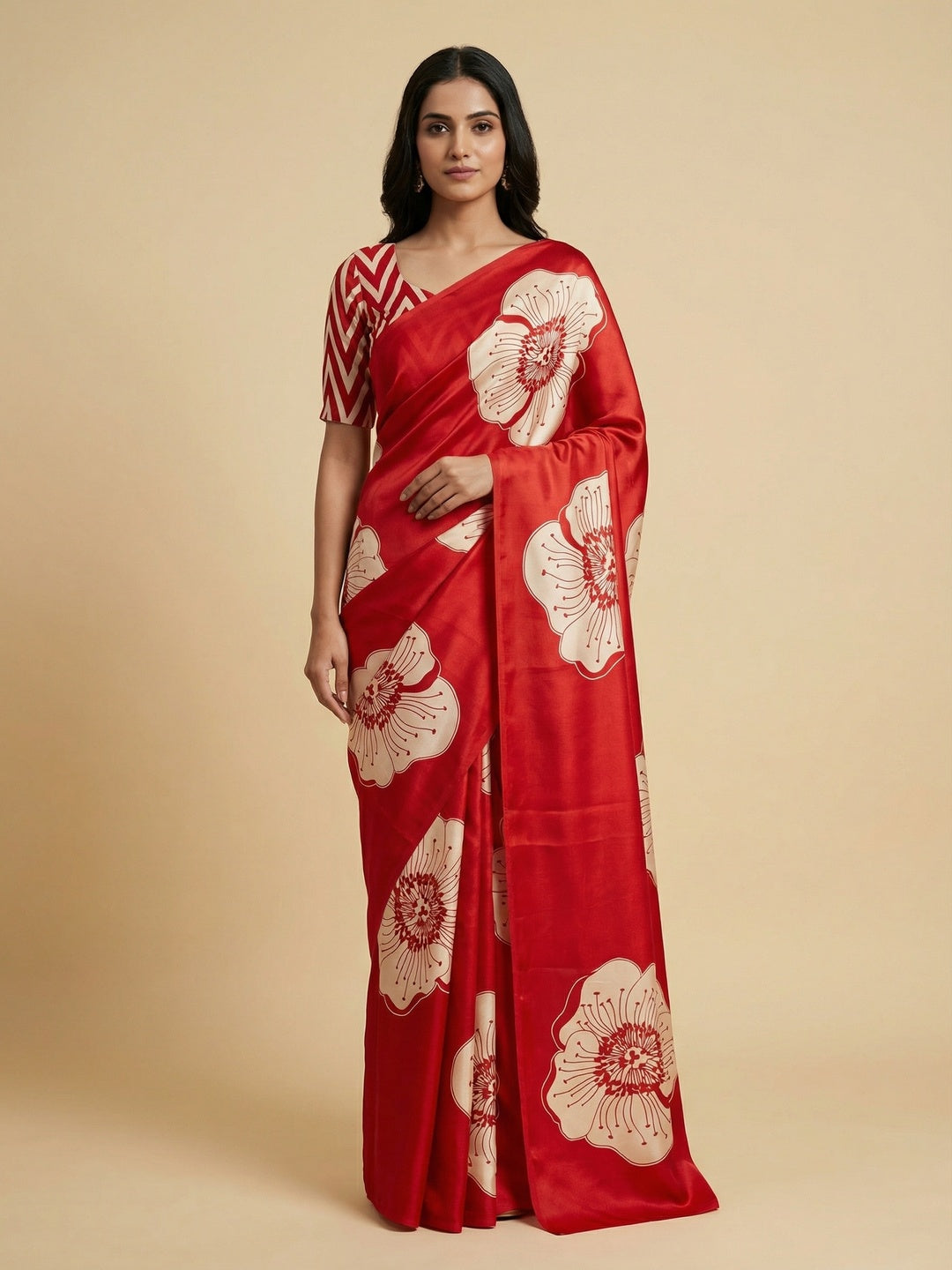 Timeless elegance in this red satin saree adorned with delicate floral prints. - Image 1