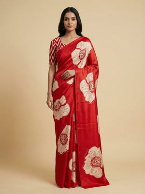 Timeless elegance in this red satin saree adorned with delicate floral prints. - Image 1