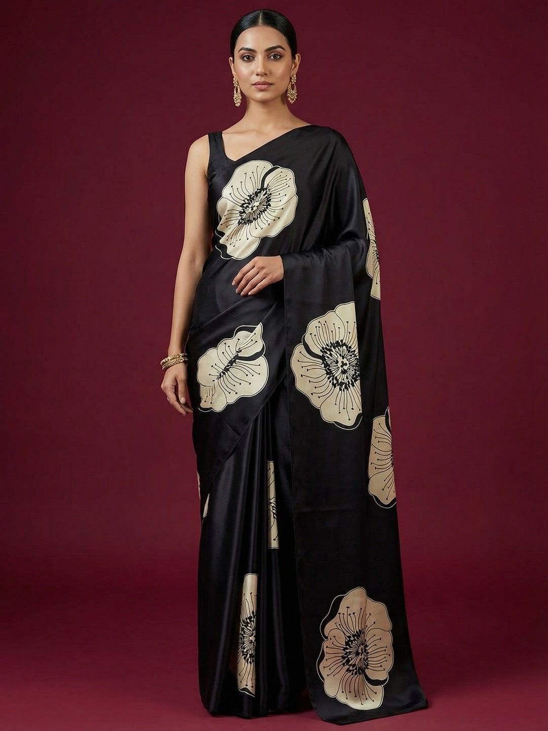 Timeless elegance in this black satin saree adorned with delicate floral prints - Image 1