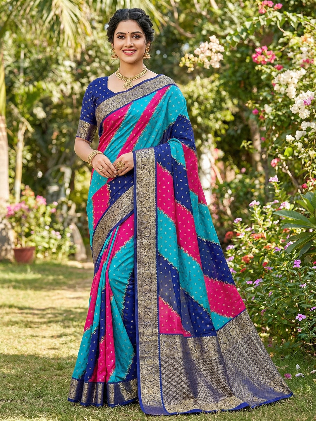 Vibrant Multicolor Striped Georgette Saree with Rich Zari Border - Image 1