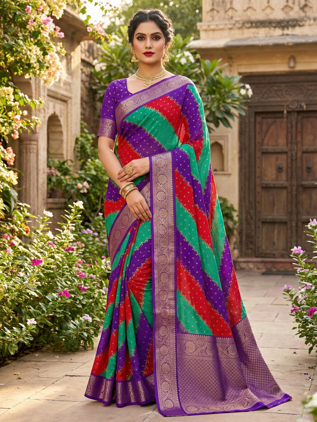 Multicolor Striped Georgette Saree Enhanced with Zari Weaving - Image 4