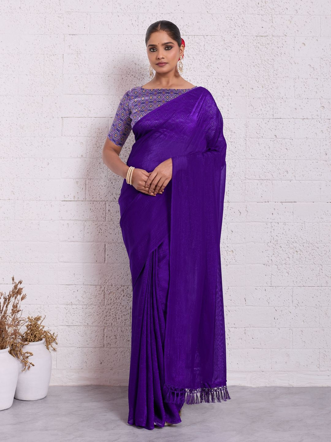 Graceful Purple Solid Pure Crunchy Saree Accented With Fine Tassel Pallu - Image 1