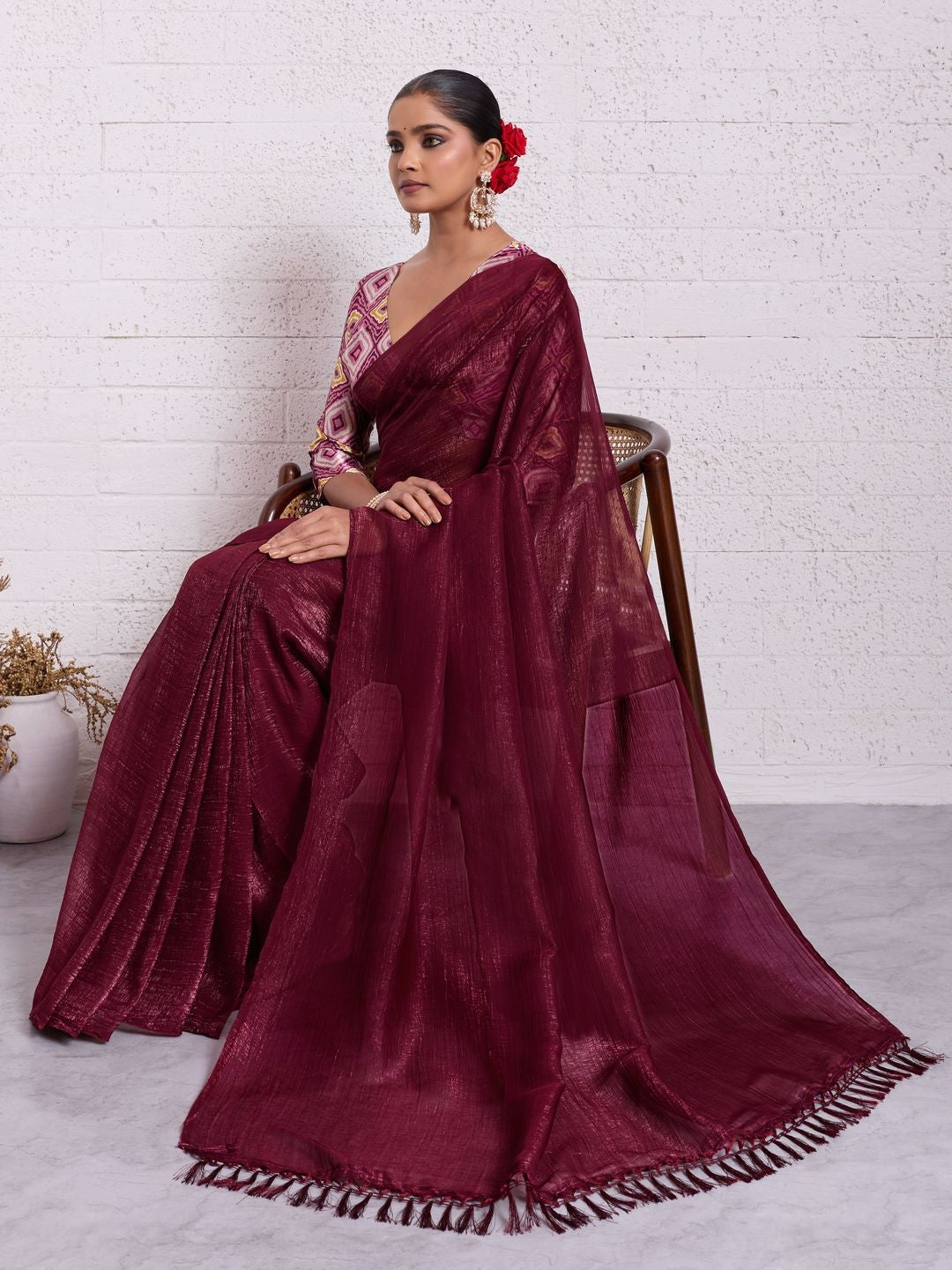 Graceful Dark Maroon Solid Pure Crunchy Saree Accented With Fine Tassel Pallu - Image 4